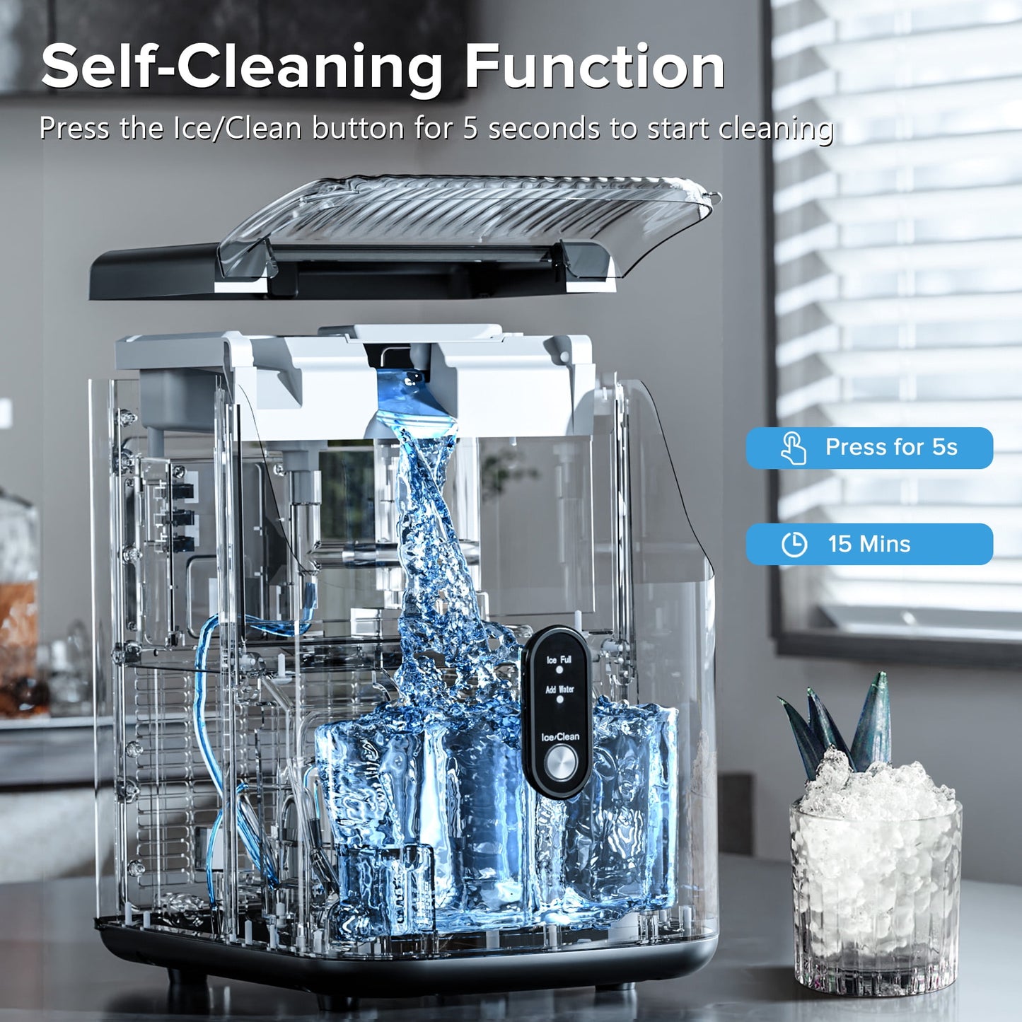 Nugget Ice Maker Countertop, Pebble Ice Maker Machine with 35Lbs/24H Soft Ice, Self-Cleaning, for Home/Kitchen/Office (Silver)
