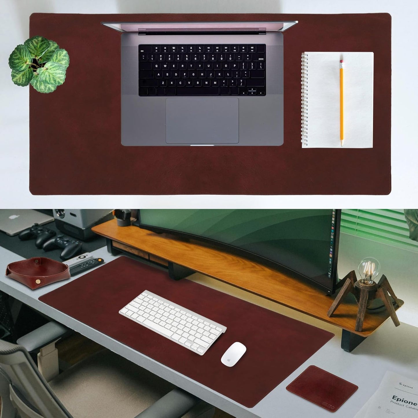 Leather Desk Mat Desk Pad Blotter Set - Real Full-Grain Leather (32X16) 2-Layer Genuine Desk Cover Protector & Large Mouse Pad | Computer Keyboard Desk Accessories for Office & Home