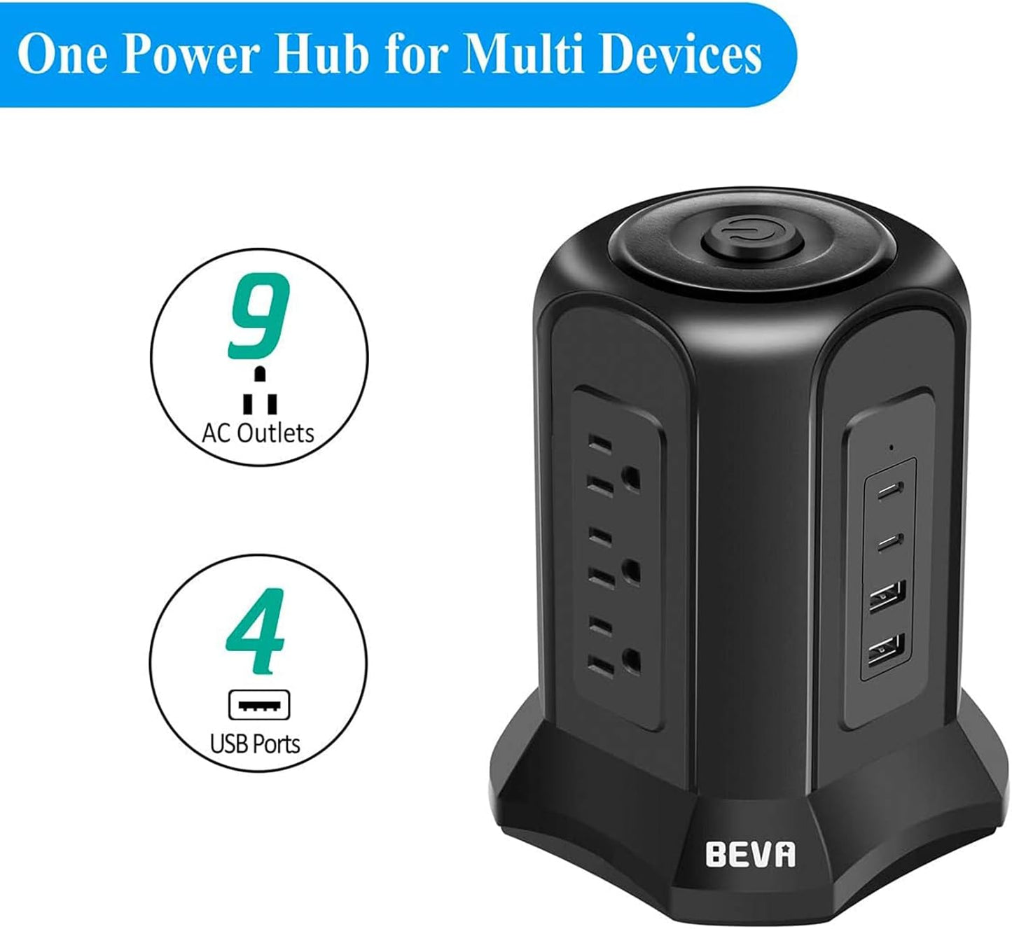 Power Strip Tower Surge Protector 10Ft Flat Plug Desktop Charging Station 9 AC Outlets 4 USB Ports, 900 Joules, Long Extension Cord for Home Office Appliances Smartphones Computer Tablets(Black)
