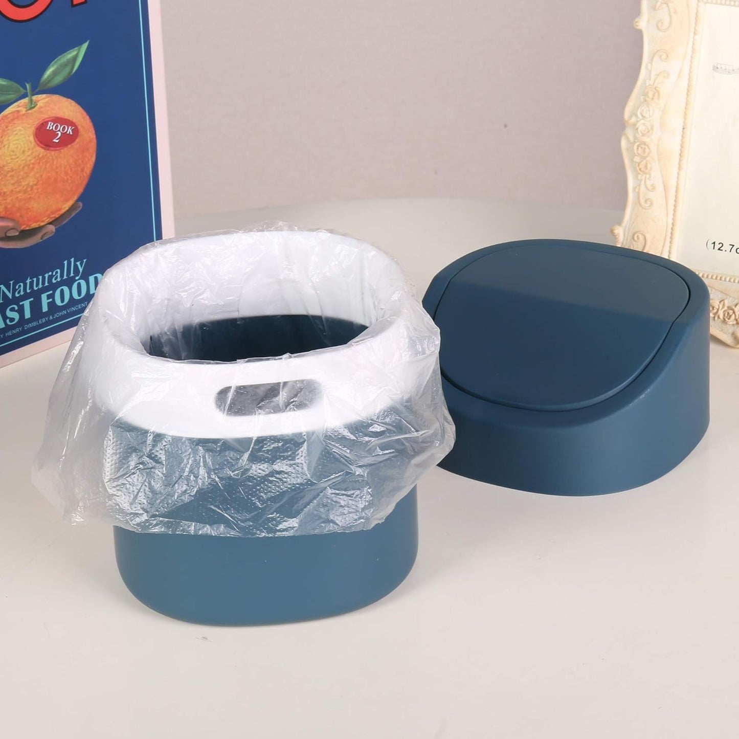Modern Plastic Mini Trash Can with Lid Wastebasket for Office Desk, Bathroom Vanity, Desktop, Tabletop or Coffee Table - 2 Liter Mini Desk Can with Productivity Pack (Square Swing - Blue)