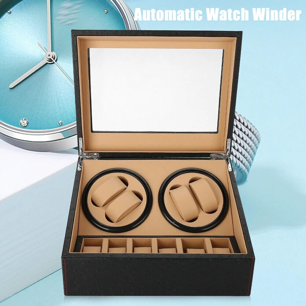4+6 Slots Auto Rotating Watch Winder Display Box Case Leather Storage Holder Box