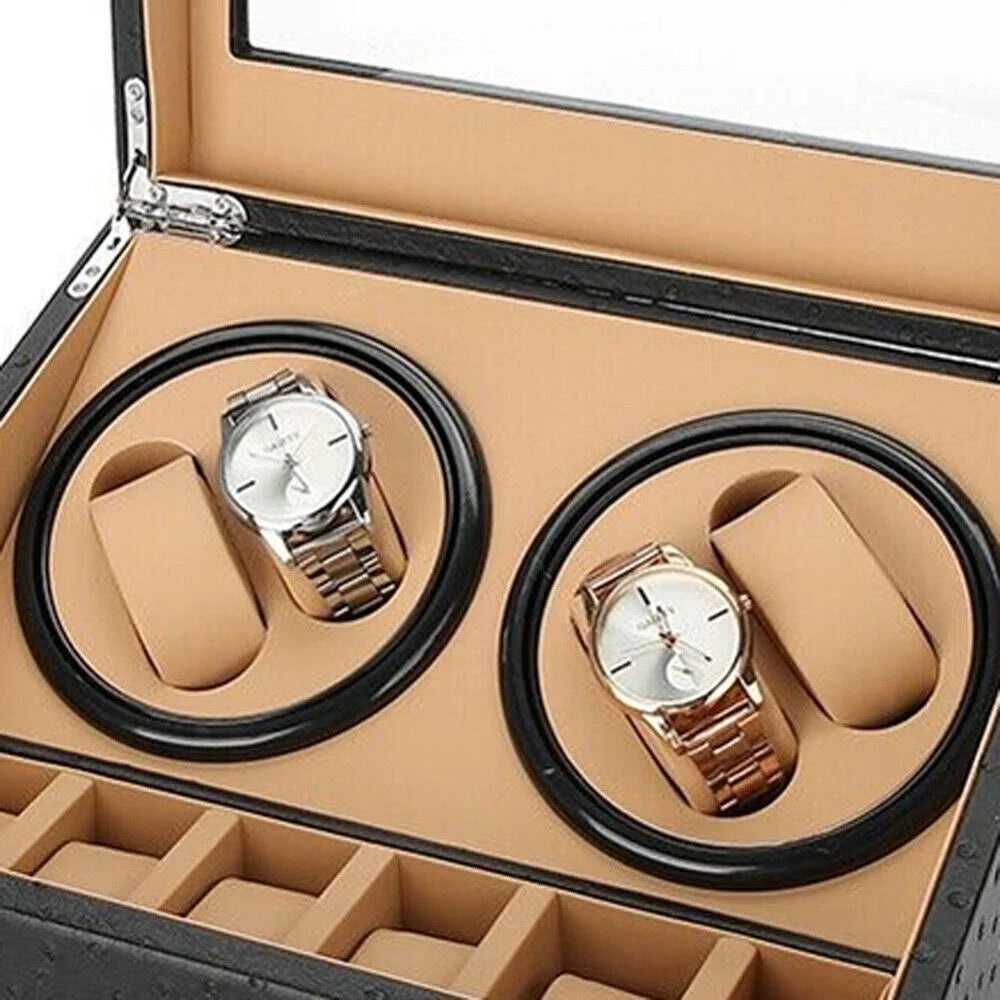 4+6 Slots Auto Rotating Watch Winder Display Box Case Leather Storage Holder Box