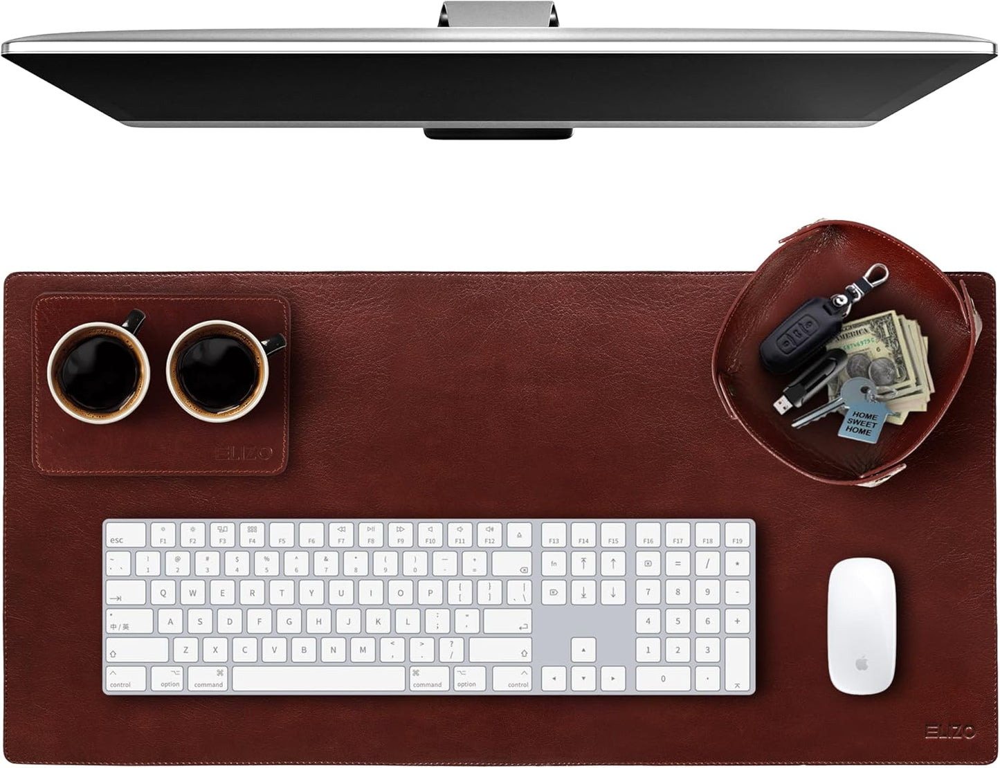 Leather Desk Mat Desk Pad Blotter Set - Real Full-Grain Leather (32X16) 2-Layer Genuine Desk Cover Protector & Large Mouse Pad | Computer Keyboard Desk Accessories for Office & Home