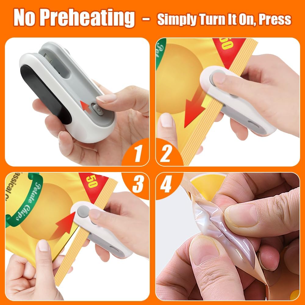 Mini Bag Sealer, 2 in 1 USB Rechargeable Bag Sealers Heat Seal Cutter, Handheld Chip Bag Sealer, Portable Resealer Machine for Plastic Bags Food Storage Snacks Freshness