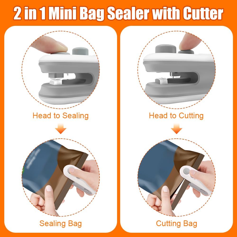 Mini Bag Sealer, 2 in 1 USB Rechargeable Bag Sealers Heat Seal Cutter, Handheld Chip Bag Sealer, Portable Resealer Machine for Plastic Bags Food Storage Snacks Freshness