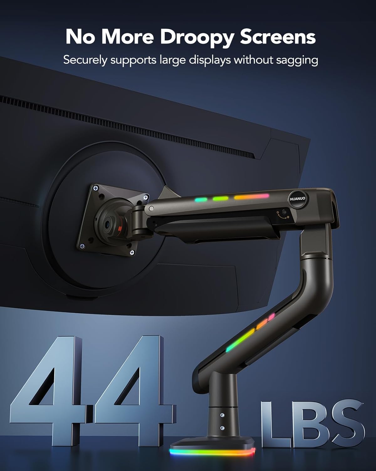RGB Monitor Arm for Ultrawide Screens up to 57″, Heavy-Duty Single Mount Holds 44 Lbs, Fully Adjustable Gaming Monitor Arm with C-Clamp & Grommet Base, Max VESA 100 X 100Mm