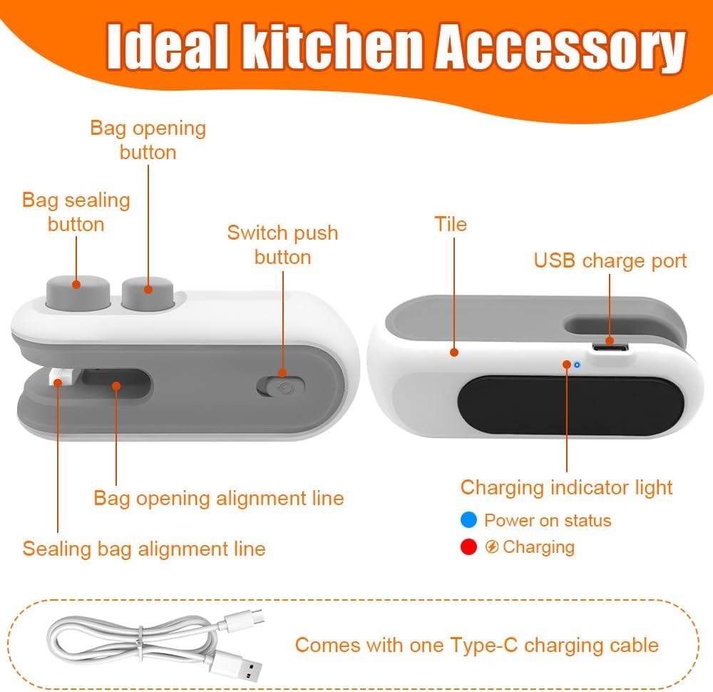 Mini Bag Sealer, 2 in 1 USB Rechargeable Bag Sealers Heat Seal Cutter, Handheld Chip Bag Sealer, Portable Resealer Machine for Plastic Bags Food Storage Snacks Freshness