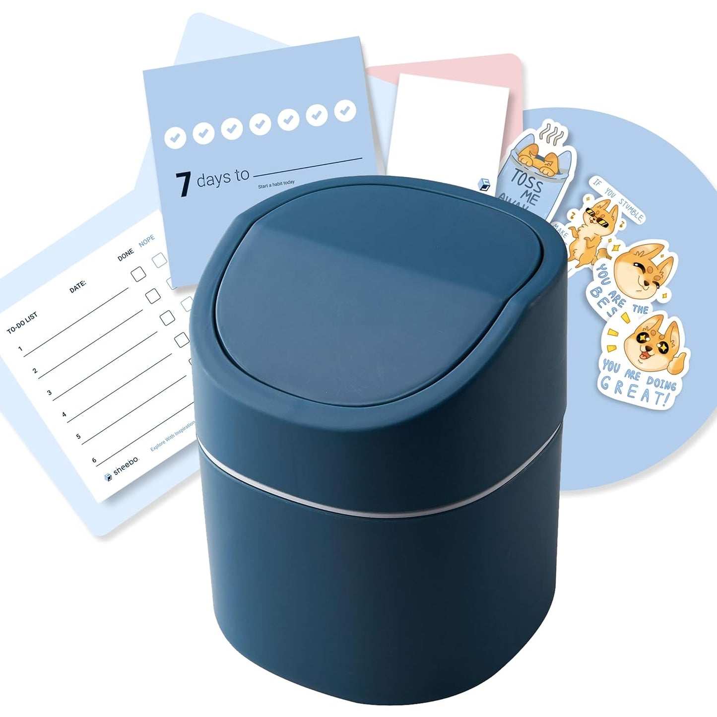 Modern Plastic Mini Trash Can with Lid Wastebasket for Office Desk, Bathroom Vanity, Desktop, Tabletop or Coffee Table - 2 Liter Mini Desk Can with Productivity Pack (Square Swing - Blue)