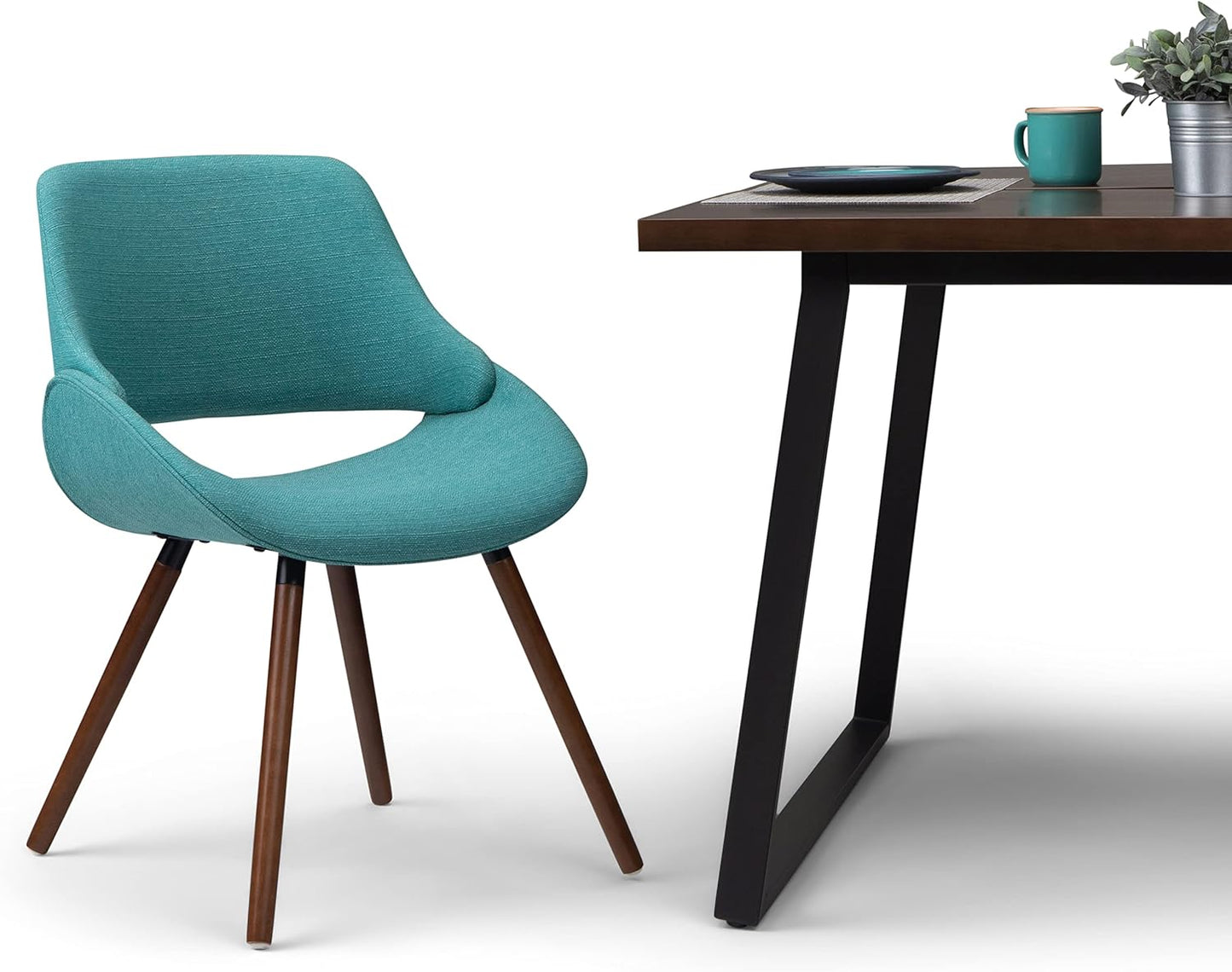 Malden Dining Chairs - Upholstered Bentwood Frame and Woven Fabric Kitchen Chair in Turquoise Blue, Modern Dining Room Seating with Curved Contoured Back, Walnut Veneer Legs and Padded Seat