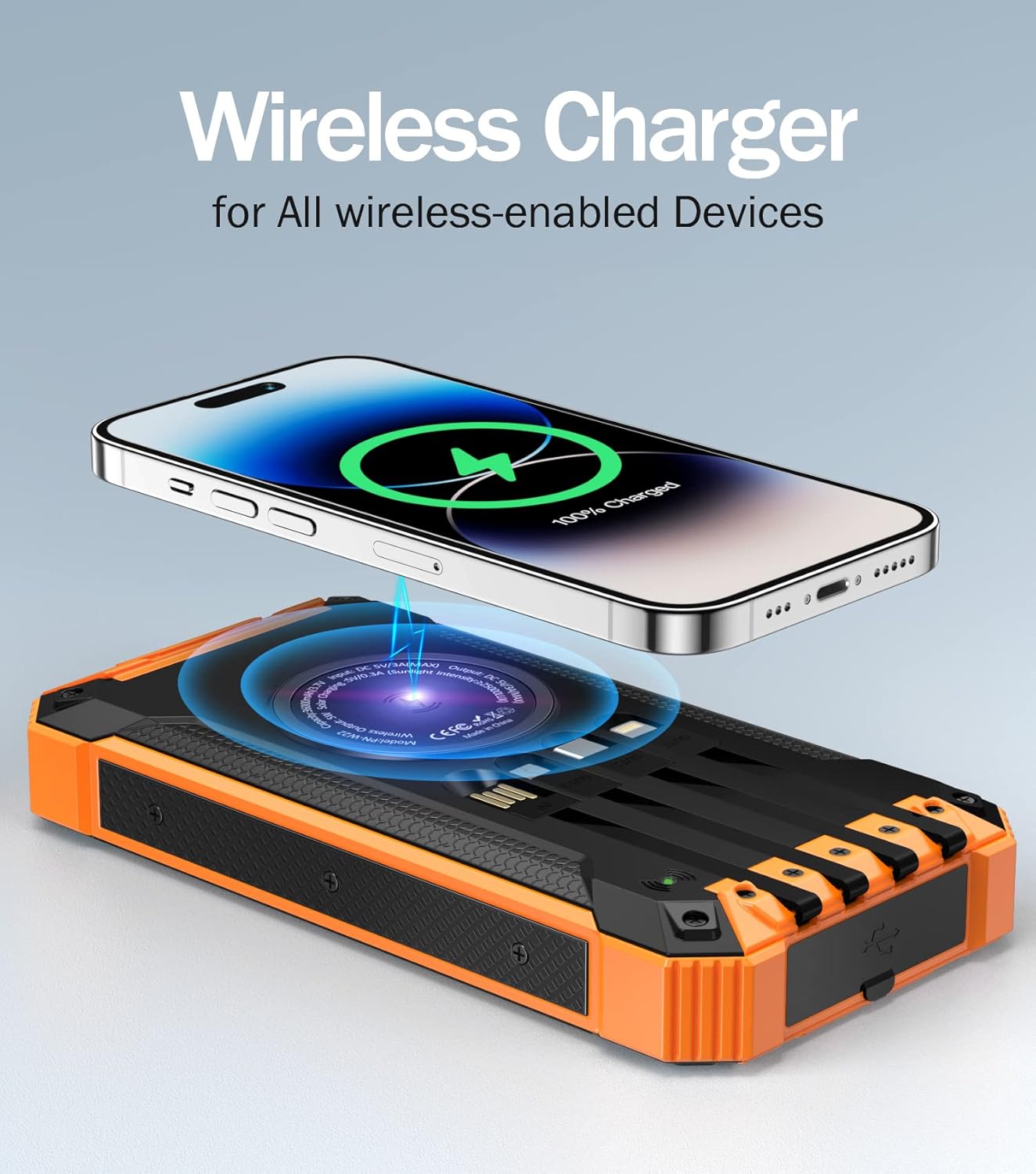 Power Bank Wireless Charger 36000Mah Built in 4 Cables Six Outputs 15W Fast Charging Power Bank for All Mobile Devices Three Inputs Solar Portable Charger with Dual Flashlights, Carabiner