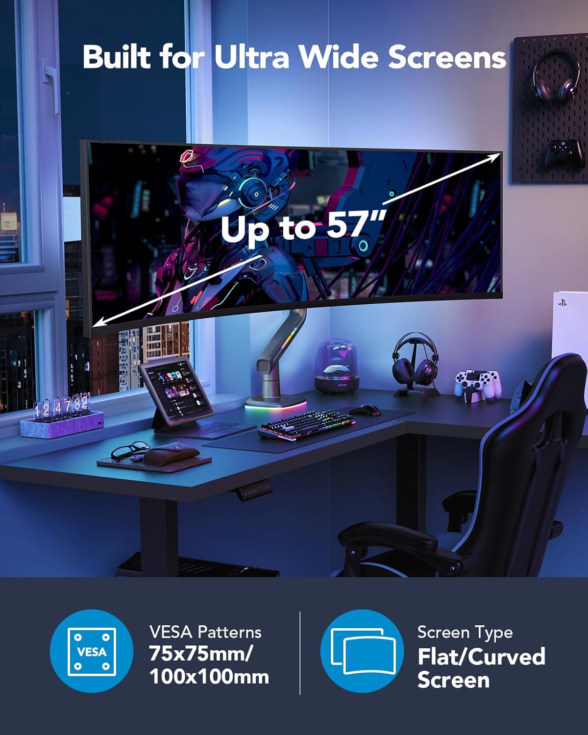 RGB Monitor Arm for Ultrawide Screens up to 57″, Heavy-Duty Single Mount Holds 44 Lbs, Fully Adjustable Gaming Monitor Arm with C-Clamp & Grommet Base, Max VESA 100 X 100Mm
