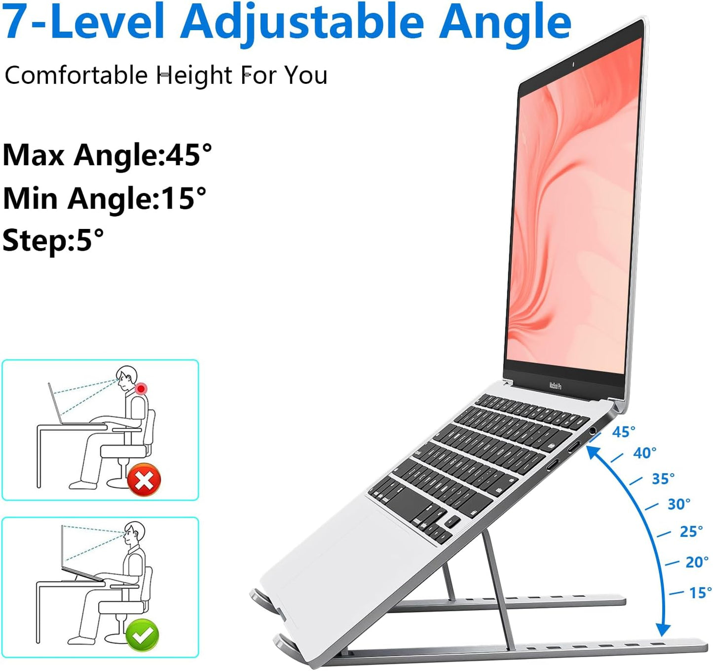 Laptop Stand for Desk, Aluminum Metal Macbook Stand,Computer Riser for Desk, Portable Foldable Adjustable Notebook Holder, Compatible with 10-15.6 Inch Laptops, Ipad, Silver.