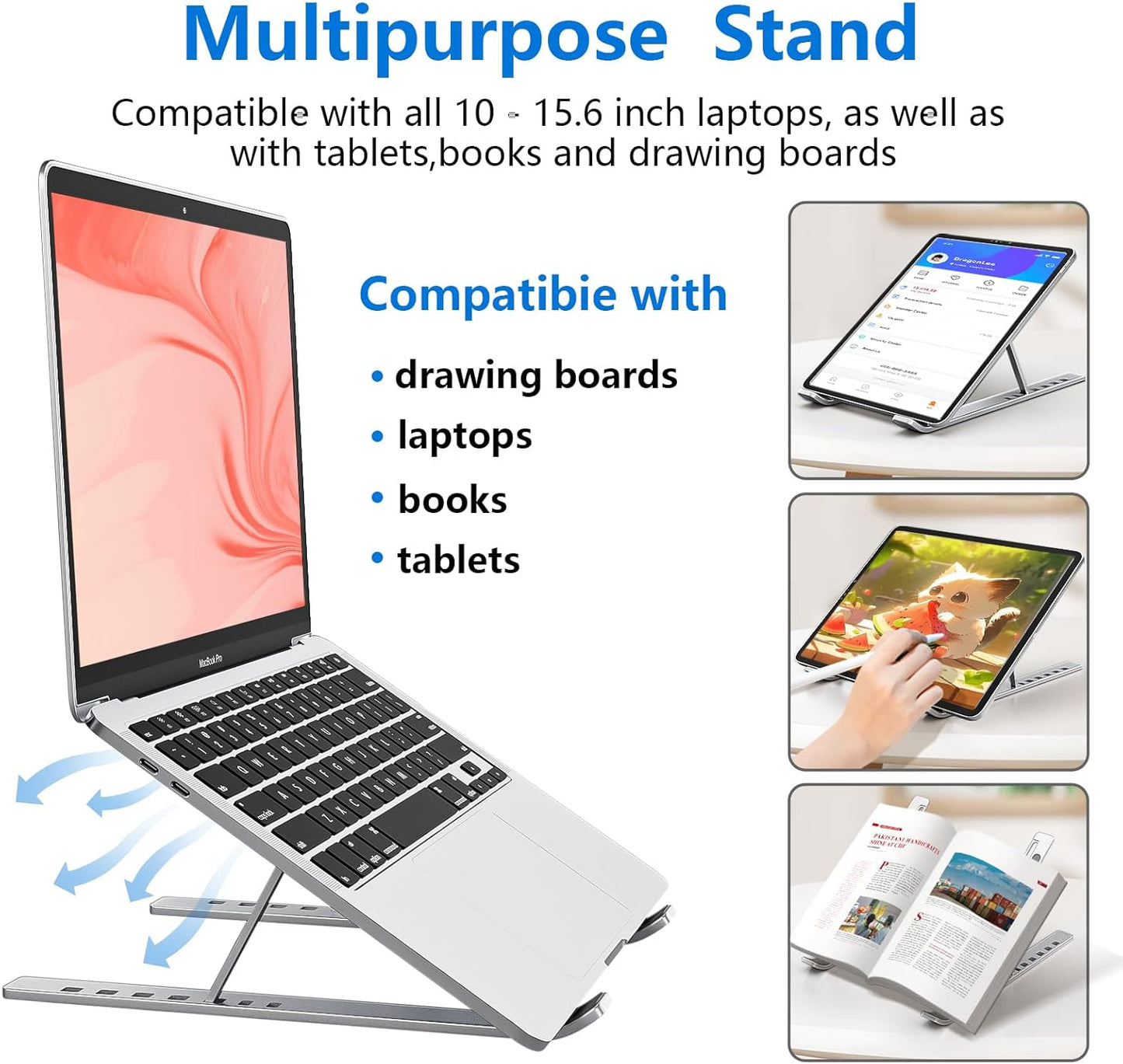 Laptop Stand for Desk, Aluminum Metal Macbook Stand,Computer Riser for Desk, Portable Foldable Adjustable Notebook Holder, Compatible with 10-15.6 Inch Laptops, Ipad, Silver.