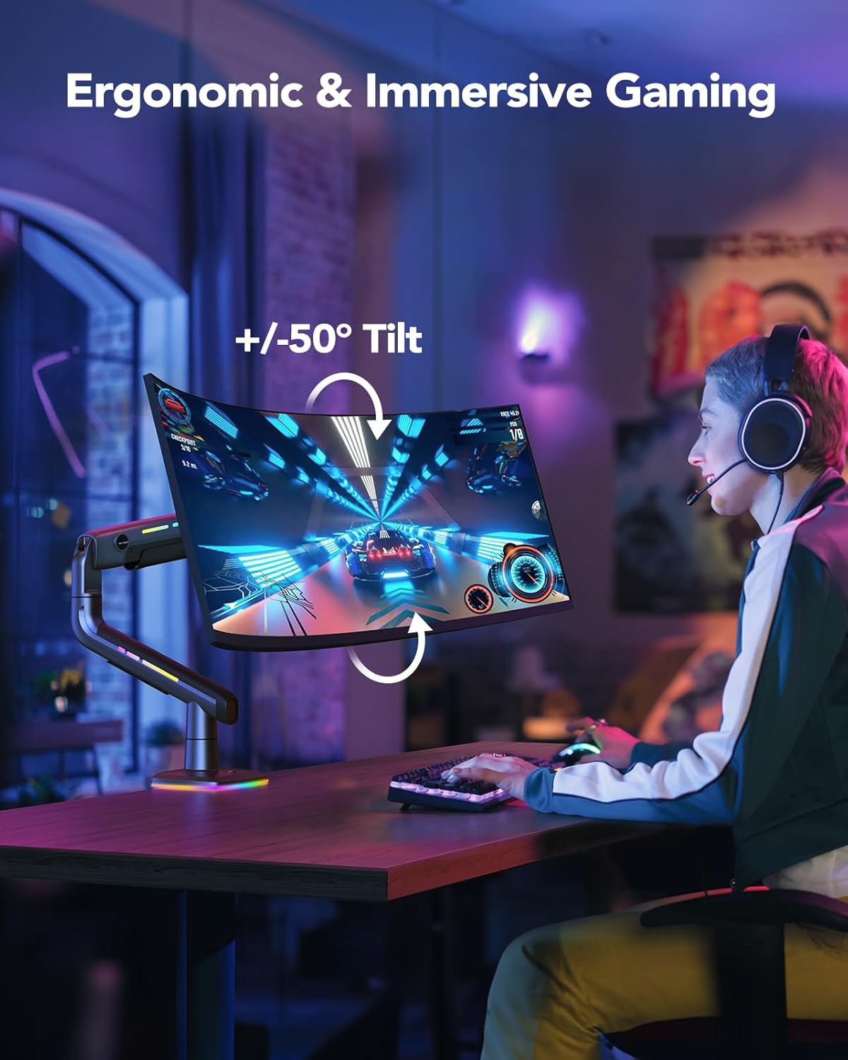 RGB Monitor Arm for Ultrawide Screens up to 57″, Heavy-Duty Single Mount Holds 44 Lbs, Fully Adjustable Gaming Monitor Arm with C-Clamp & Grommet Base, Max VESA 100 X 100Mm