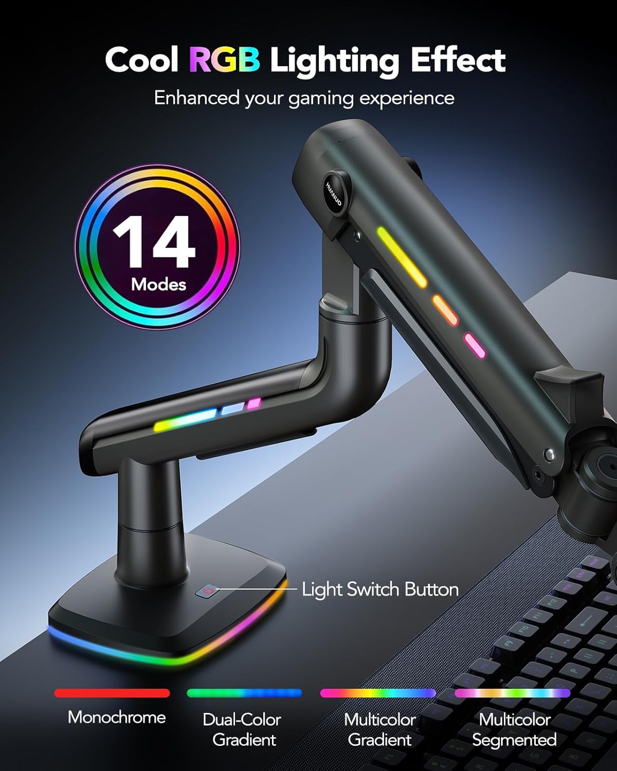 RGB Monitor Arm for Ultrawide Screens up to 57″, Heavy-Duty Single Mount Holds 44 Lbs, Fully Adjustable Gaming Monitor Arm with C-Clamp & Grommet Base, Max VESA 100 X 100Mm
