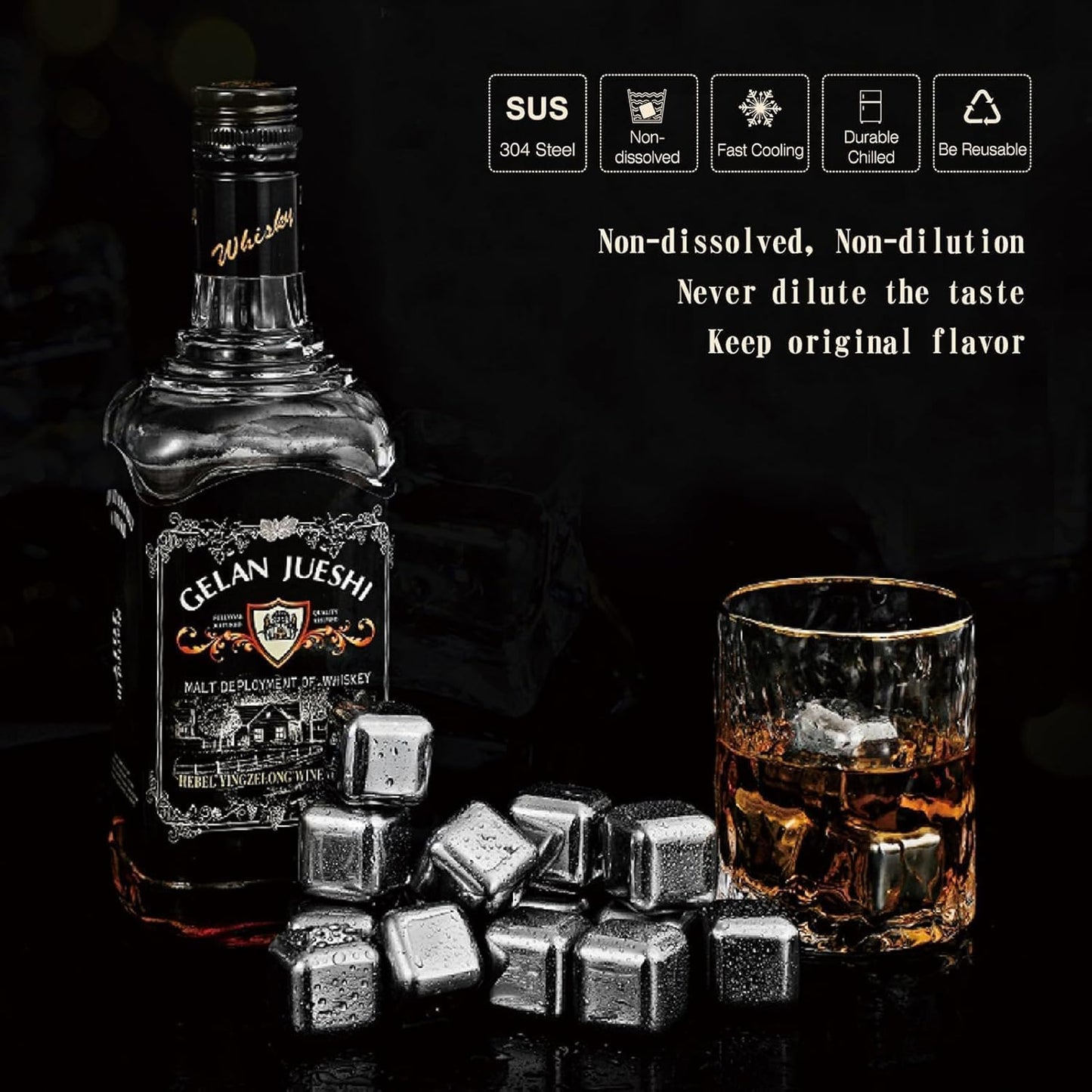 Reusable Stainless Steel Ice Cubes for Drinks Christmas Gifts - Metal Whiskey Stones, High Cooling Technology, for Whiskey, Vodka, Liqueurs, Wine, Beverage Juice or Soda, 8 Pack