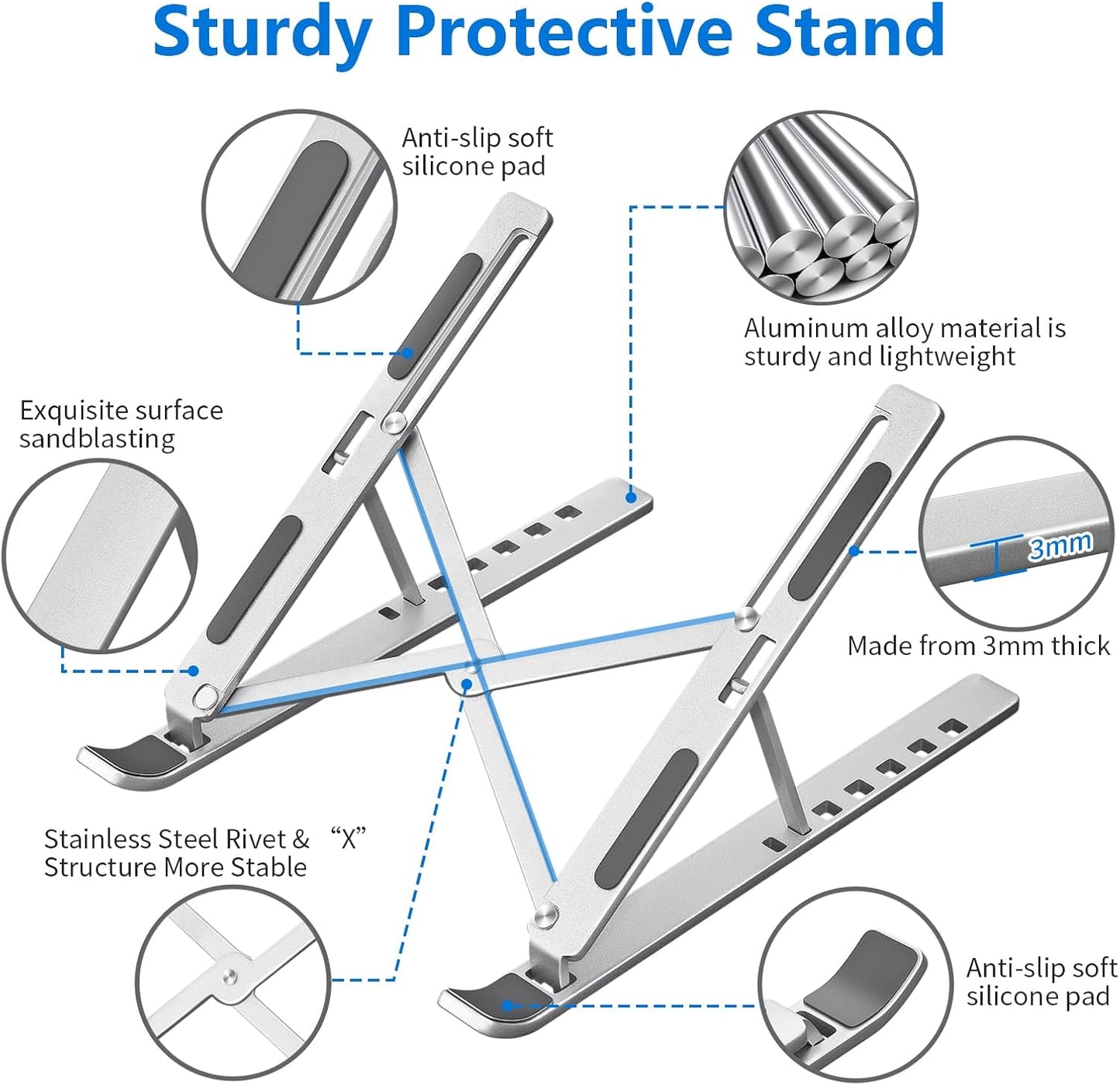 Laptop Stand for Desk, Aluminum Metal Macbook Stand,Computer Riser for Desk, Portable Foldable Adjustable Notebook Holder, Compatible with 10-15.6 Inch Laptops, Ipad, Silver.
