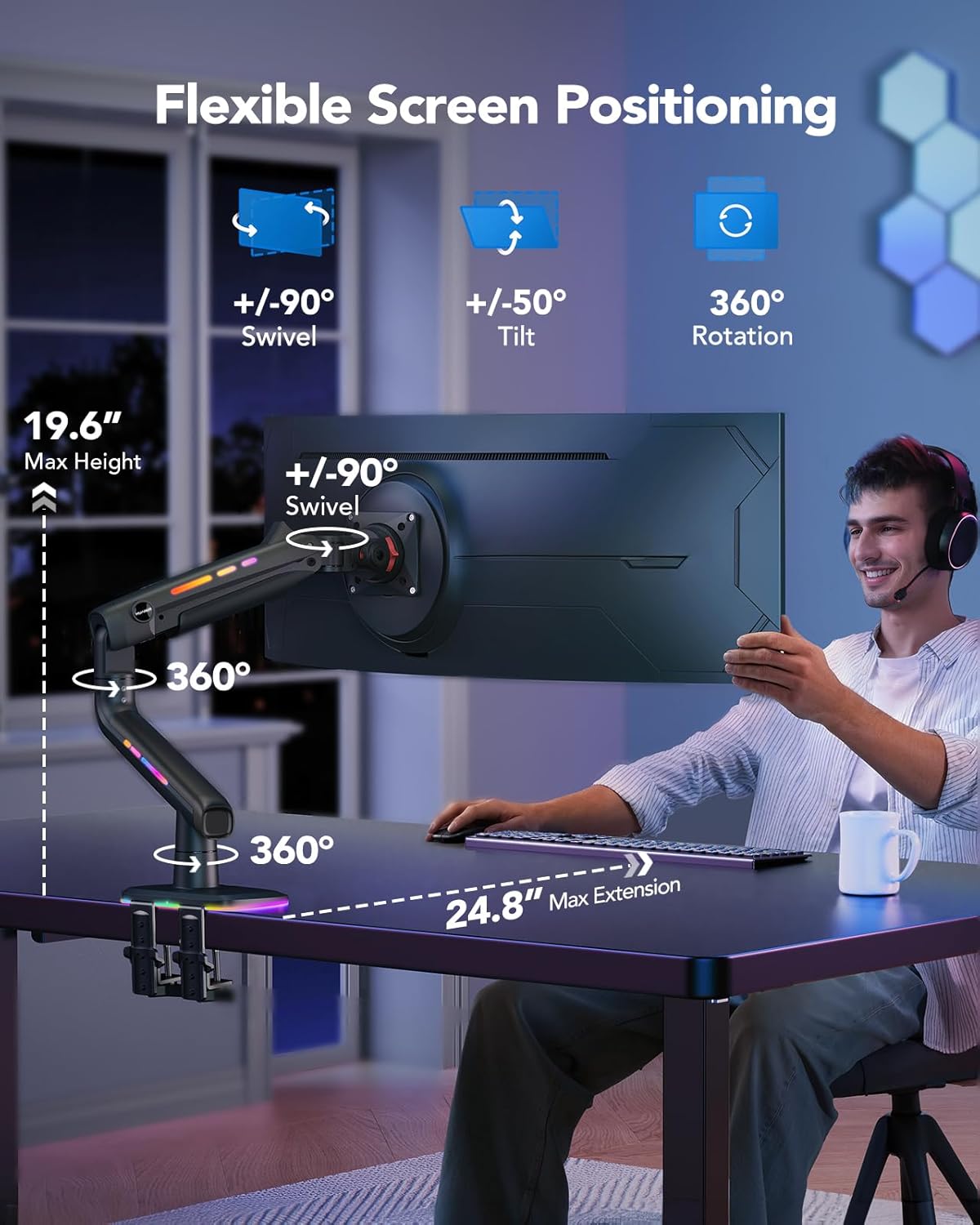 RGB Monitor Arm for Ultrawide Screens up to 57″, Heavy-Duty Single Mount Holds 44 Lbs, Fully Adjustable Gaming Monitor Arm with C-Clamp & Grommet Base, Max VESA 100 X 100Mm