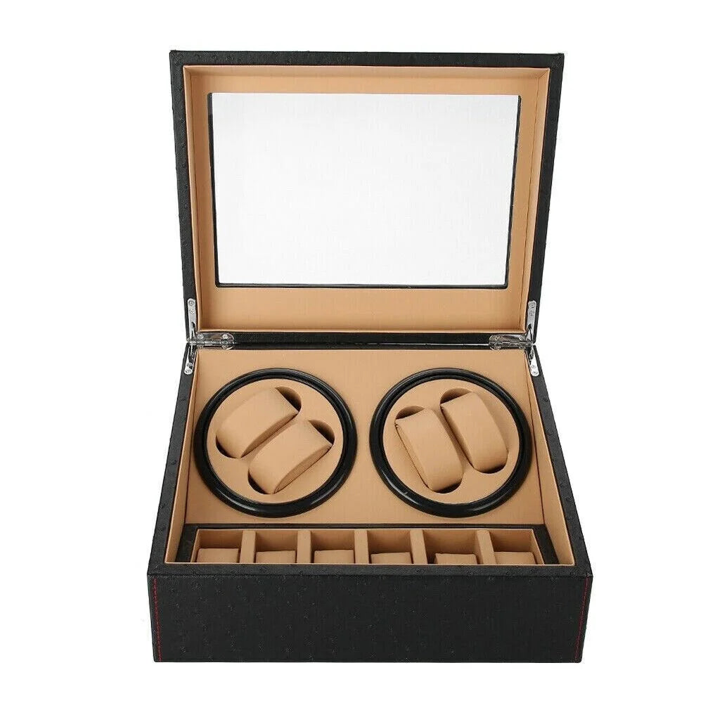 4+6 Slots Auto Rotating Watch Winder Display Box Case Leather Storage Holder Box