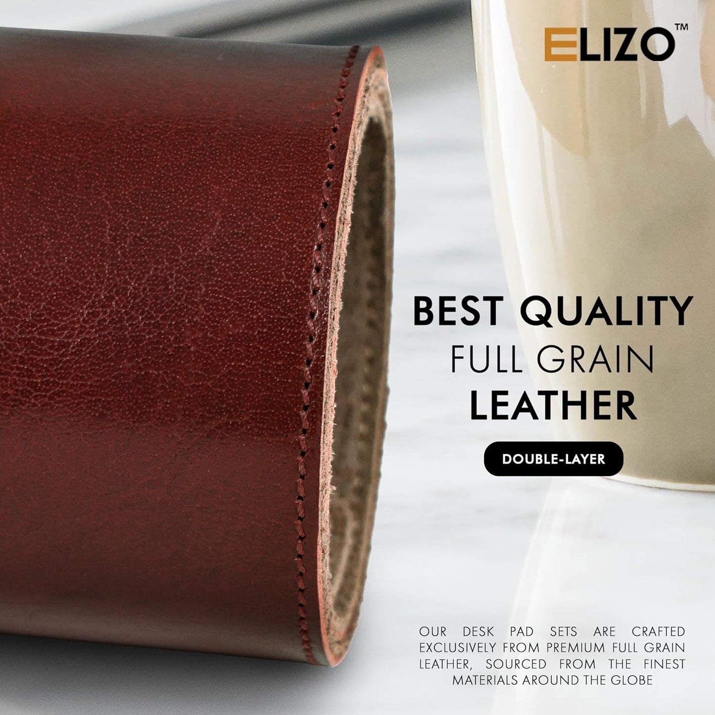 Leather Desk Mat Desk Pad Blotter Set - Real Full-Grain Leather (32X16) 2-Layer Genuine Desk Cover Protector & Large Mouse Pad | Computer Keyboard Desk Accessories for Office & Home