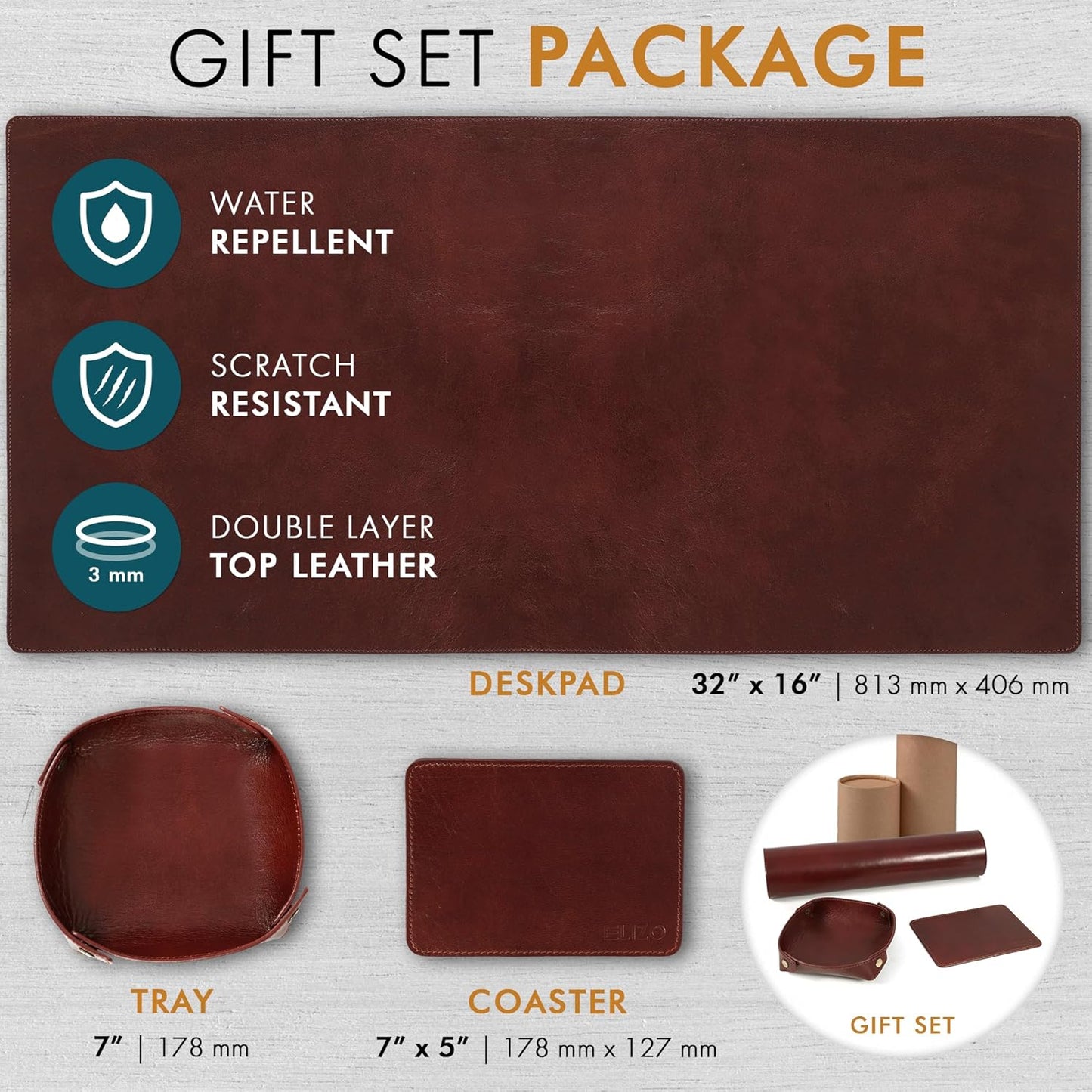 Leather Desk Mat Desk Pad Blotter Set - Real Full-Grain Leather (32X16) 2-Layer Genuine Desk Cover Protector & Large Mouse Pad | Computer Keyboard Desk Accessories for Office & Home