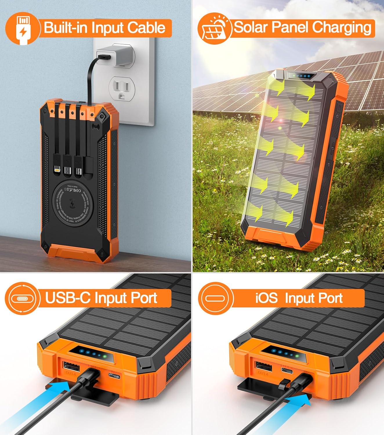 Power Bank Wireless Charger 36000Mah Built in 4 Cables Six Outputs 15W Fast Charging Power Bank for All Mobile Devices Three Inputs Solar Portable Charger with Dual Flashlights, Carabiner