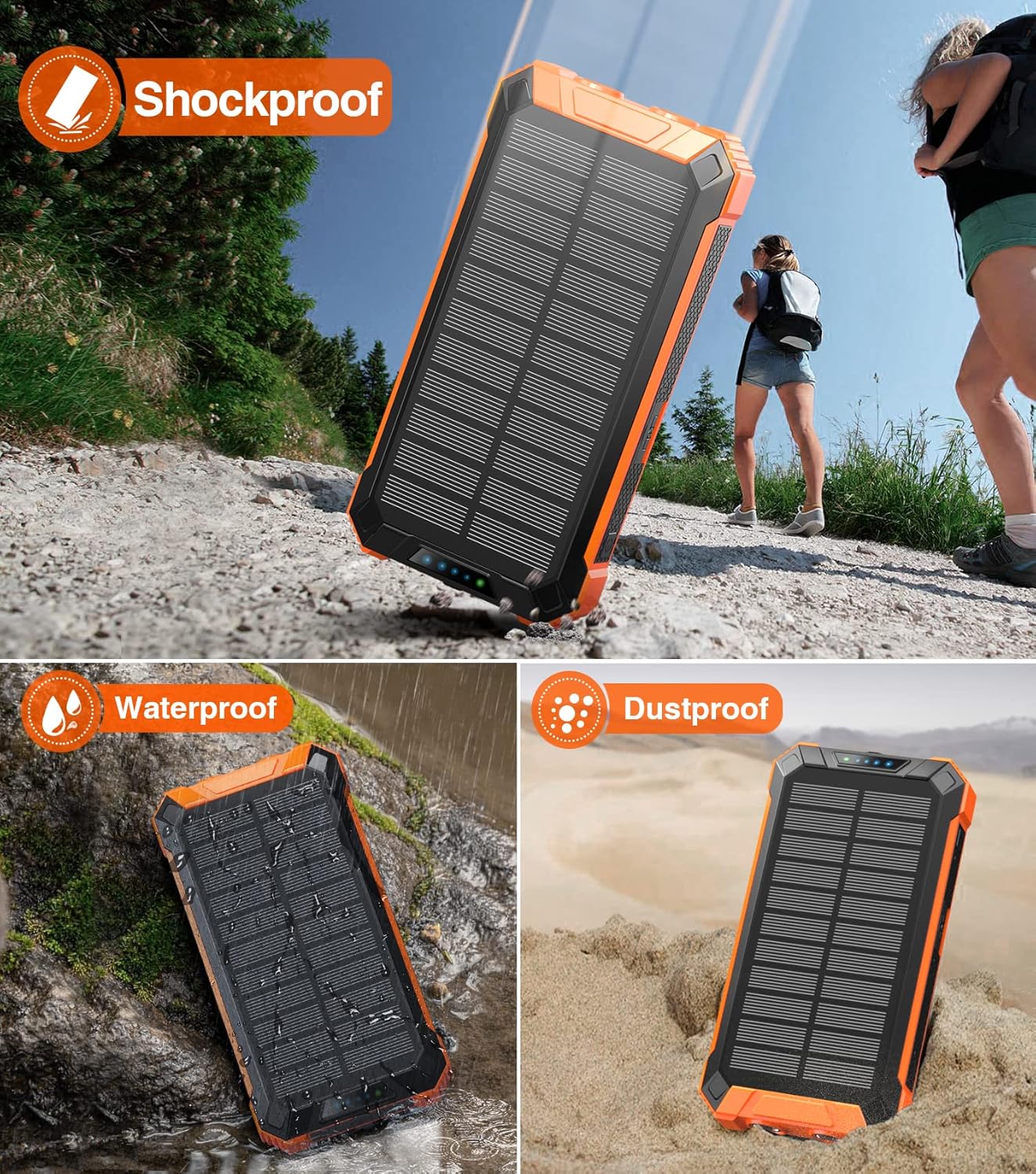 Power Bank Wireless Charger 36000Mah Built in 4 Cables Six Outputs 15W Fast Charging Power Bank for All Mobile Devices Three Inputs Solar Portable Charger with Dual Flashlights, Carabiner