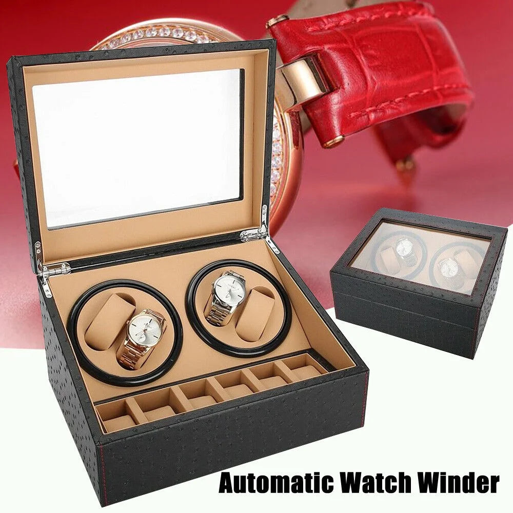 4+6 Slots Auto Rotating Watch Winder Display Box Case Leather Storage Holder Box
