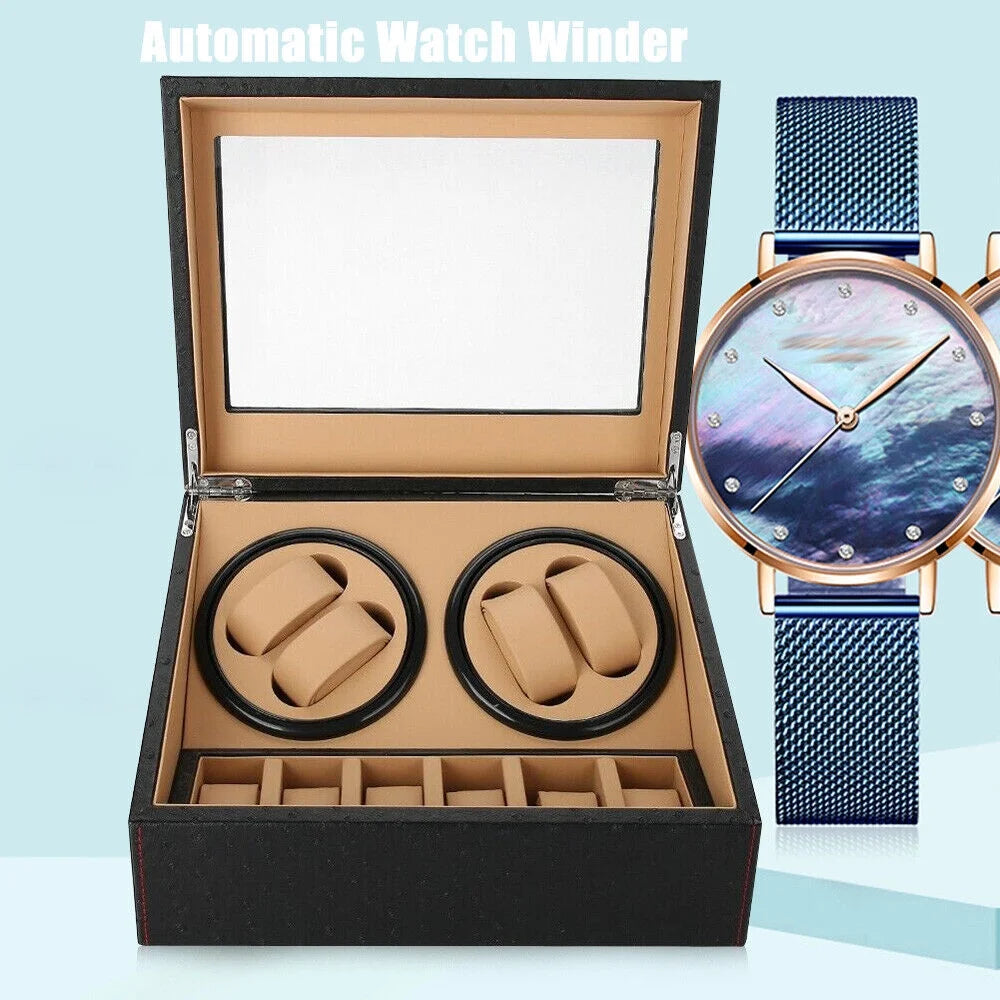 4+6 Slots Auto Rotating Watch Winder Display Box Case Leather Storage Holder Box