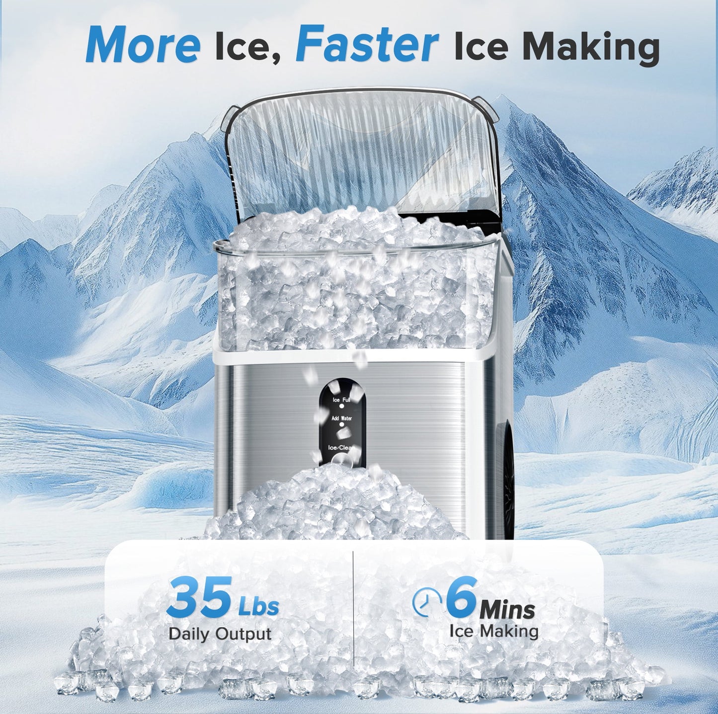 Nugget Ice Maker Countertop, Pebble Ice Maker Machine with 35Lbs/24H Soft Ice, Self-Cleaning, for Home/Kitchen/Office (Silver)