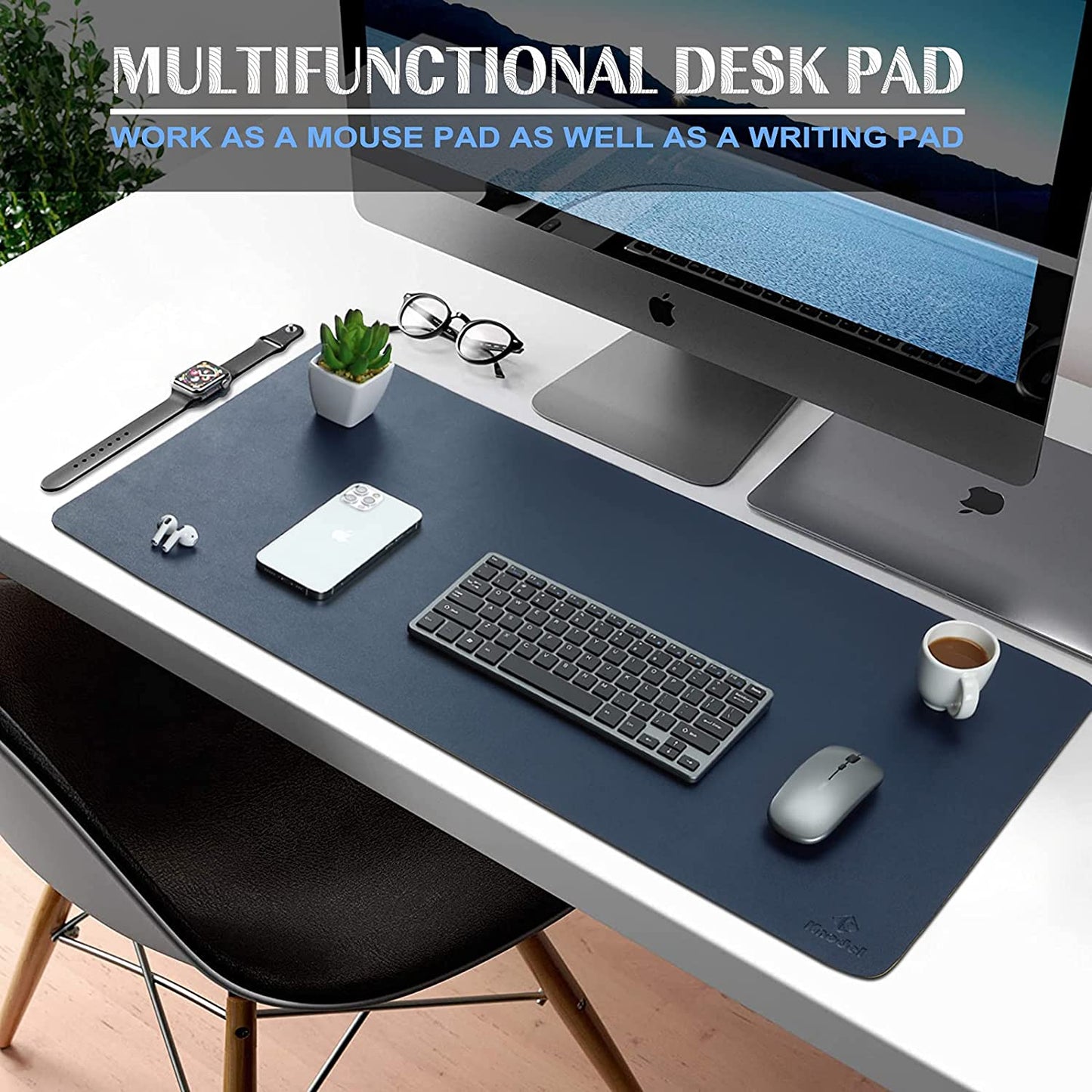 Small Office Leather Desk Mat, Mouse and Keyboard Pad, Computer and Laptop Mat, Desktop Protector and Cover, Writing Pad and Blotter (23.6"X13.8", Dark Blue)