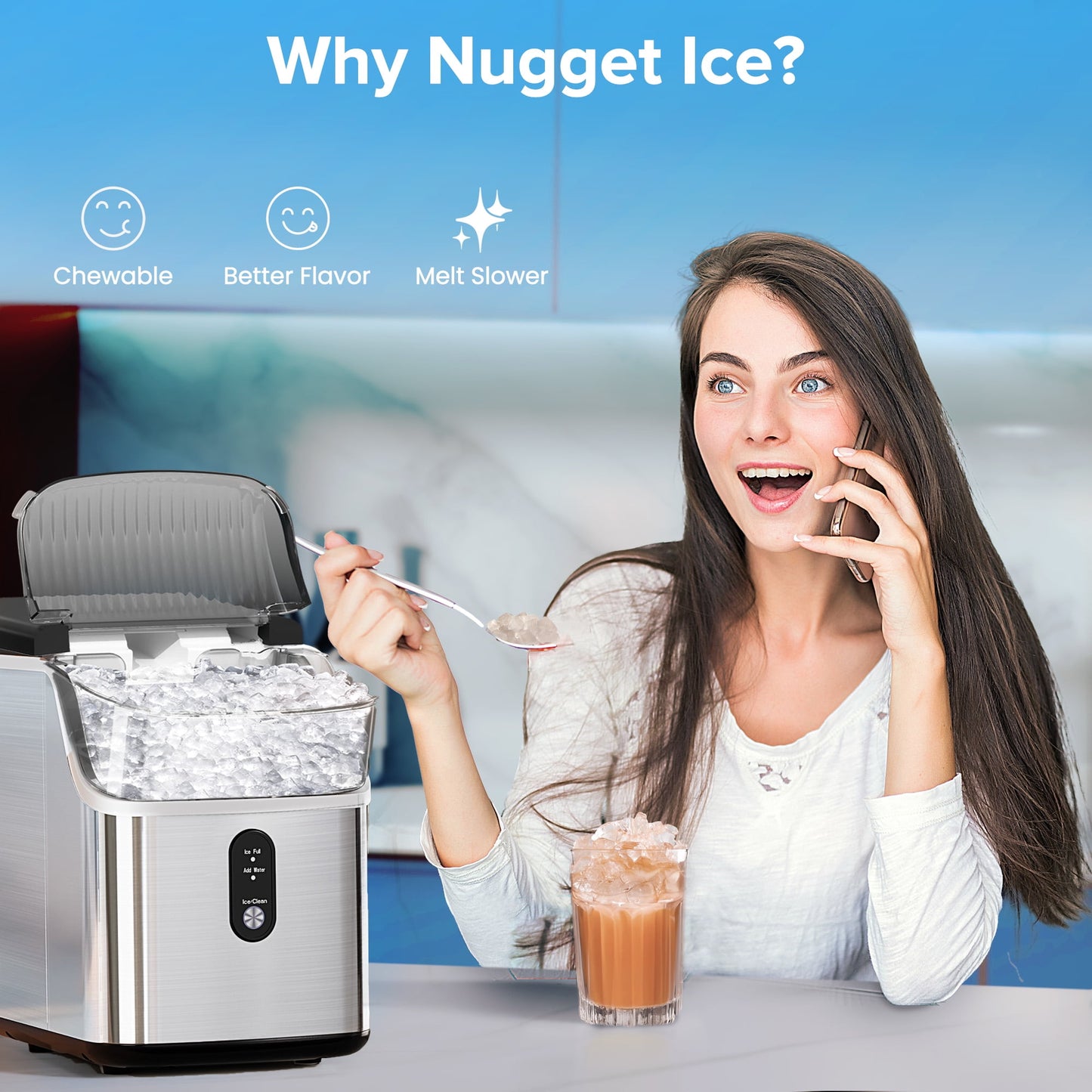 Nugget Ice Maker Countertop, Pebble Ice Maker Machine with 35Lbs/24H Soft Ice, Self-Cleaning, for Home/Kitchen/Office (Silver)