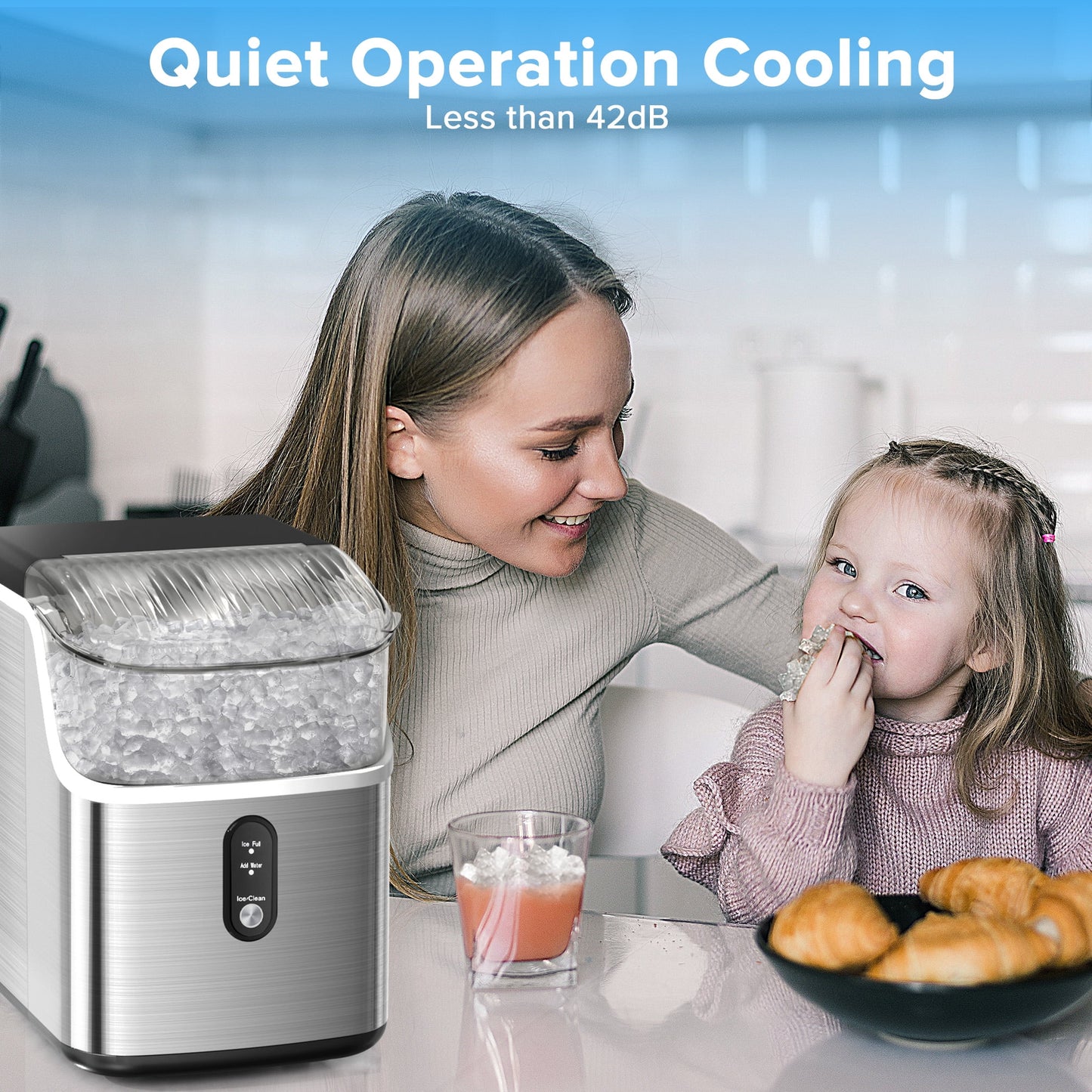Nugget Ice Maker Countertop, Pebble Ice Maker Machine with 35Lbs/24H Soft Ice, Self-Cleaning, for Home/Kitchen/Office (Silver)