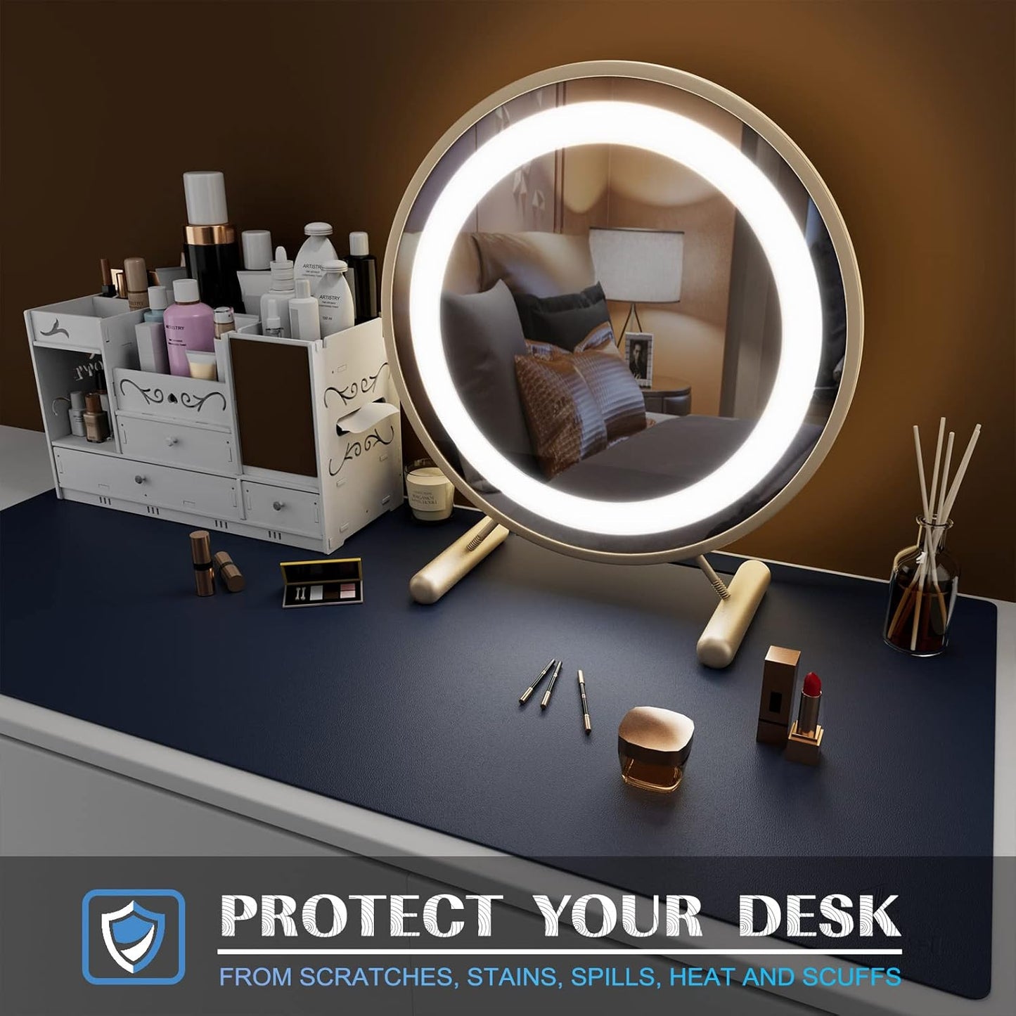Small Office Leather Desk Mat, Mouse and Keyboard Pad, Computer and Laptop Mat, Desktop Protector and Cover, Writing Pad and Blotter (23.6"X13.8", Dark Blue)