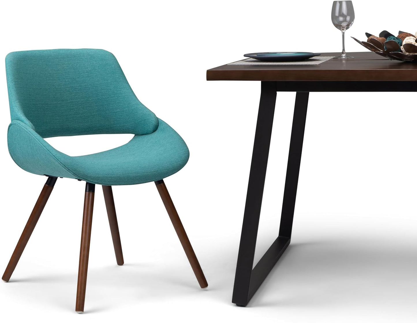 Malden Dining Chairs - Upholstered Bentwood Frame and Woven Fabric Kitchen Chair in Turquoise Blue, Modern Dining Room Seating with Curved Contoured Back, Walnut Veneer Legs and Padded Seat