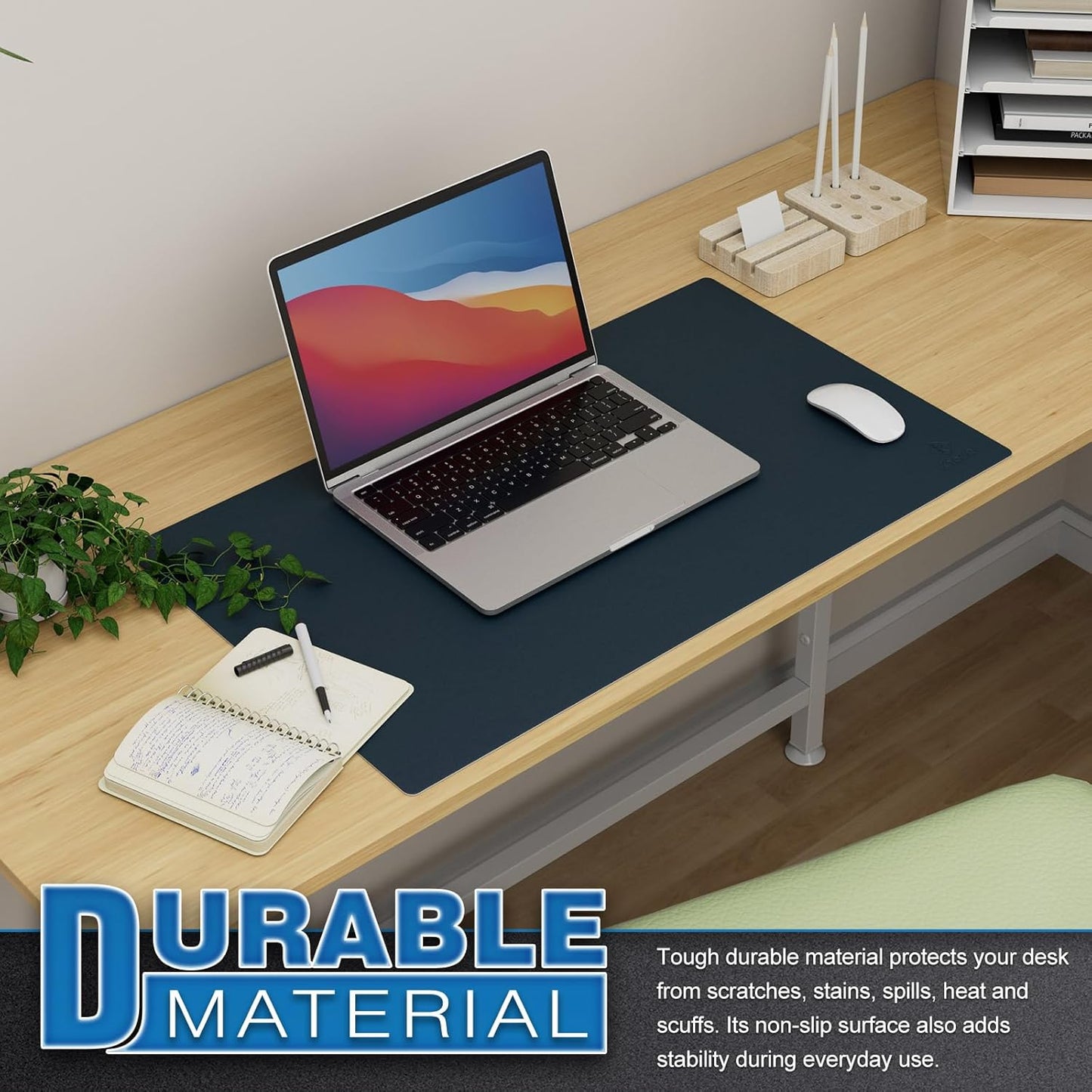 Small Office Leather Desk Mat, Mouse and Keyboard Pad, Computer and Laptop Mat, Desktop Protector and Cover, Writing Pad and Blotter (23.6"X13.8", Dark Blue)
