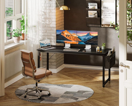 Computer Desk Large Office Desk, 55 Inch Gaming Desk with Storage, Modern PC Desk Work Table with Headphone Hook for Home Office, Black