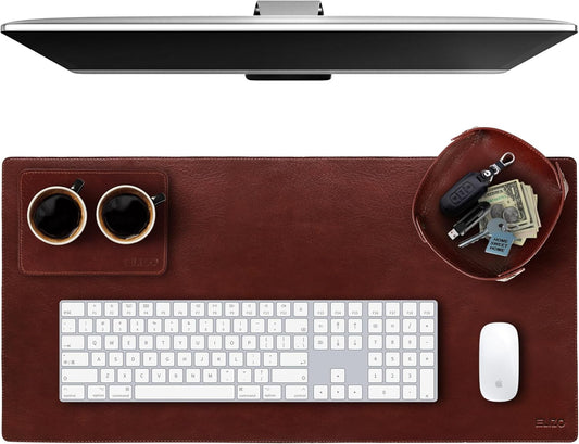 Leather Desk Mat Desk Pad Blotter Set - Real Full-Grain Leather (32X16) 2-Layer Genuine Desk Cover Protector & Large Mouse Pad | Computer Keyboard Desk Accessories for Office & Home