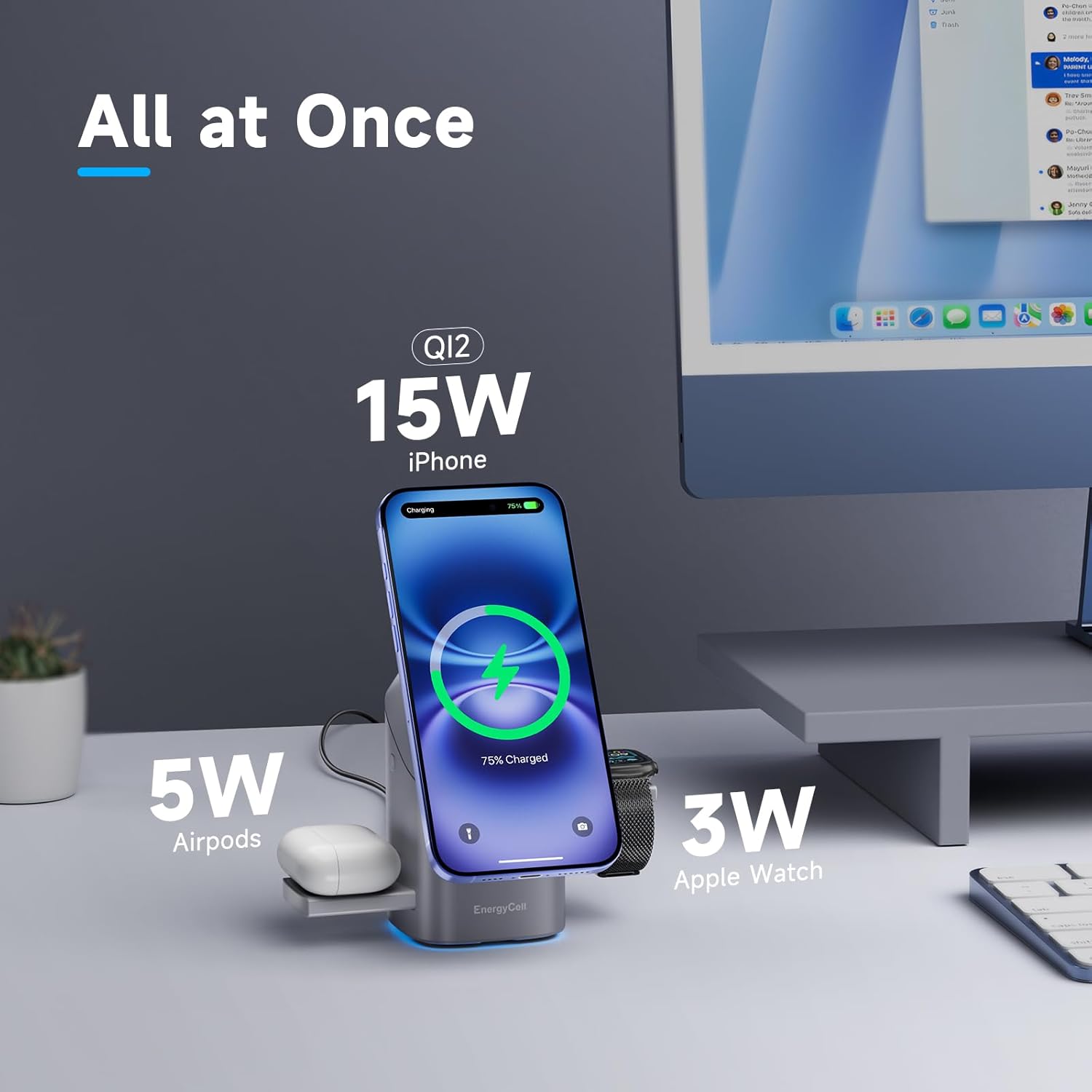 Rotating Wireless Charger, Qi2 Certified 2X Faster 15W for Iphone Charging Station 16/15/14/13/12, Apple Watch, Airpods, 3 in 1 Charging Station Apple Magnetic with Heat Dissipation, Grey