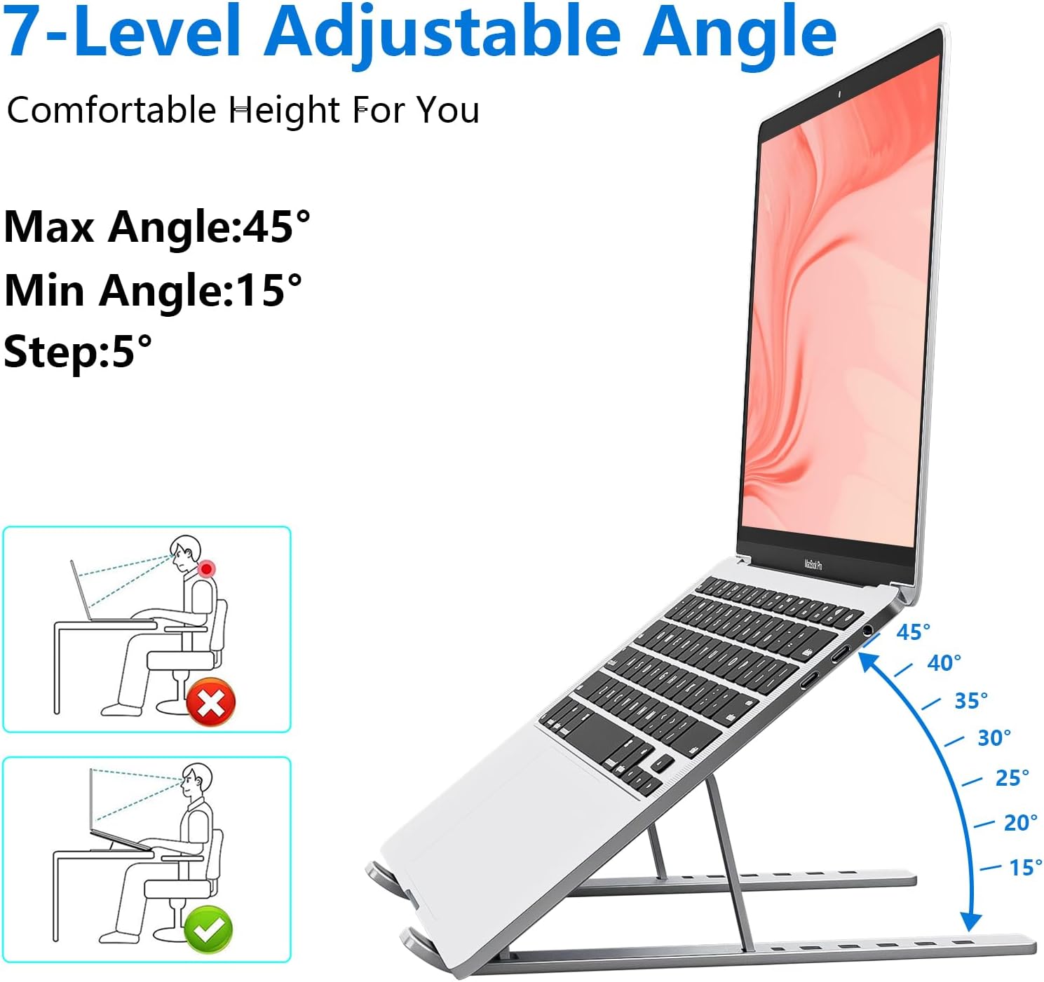 Laptop Stand for Desk, Aluminum Metal Macbook Stand，Computer Riser for Desk, Portable Foldable Adjustable Notebook Holder, Compatible with 10-15.6 Inch Laptops, Ipad, Silver.