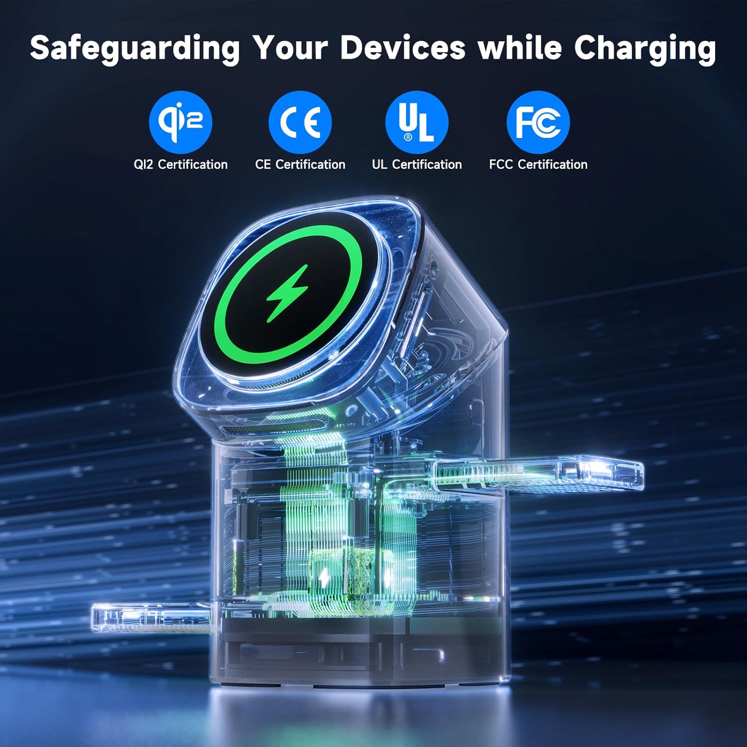 Rotating Wireless Charger, Qi2 Certified 2X Faster 15W for Iphone Charging Station 16/15/14/13/12, Apple Watch, Airpods, 3 in 1 Charging Station Apple Magnetic with Heat Dissipation, Grey