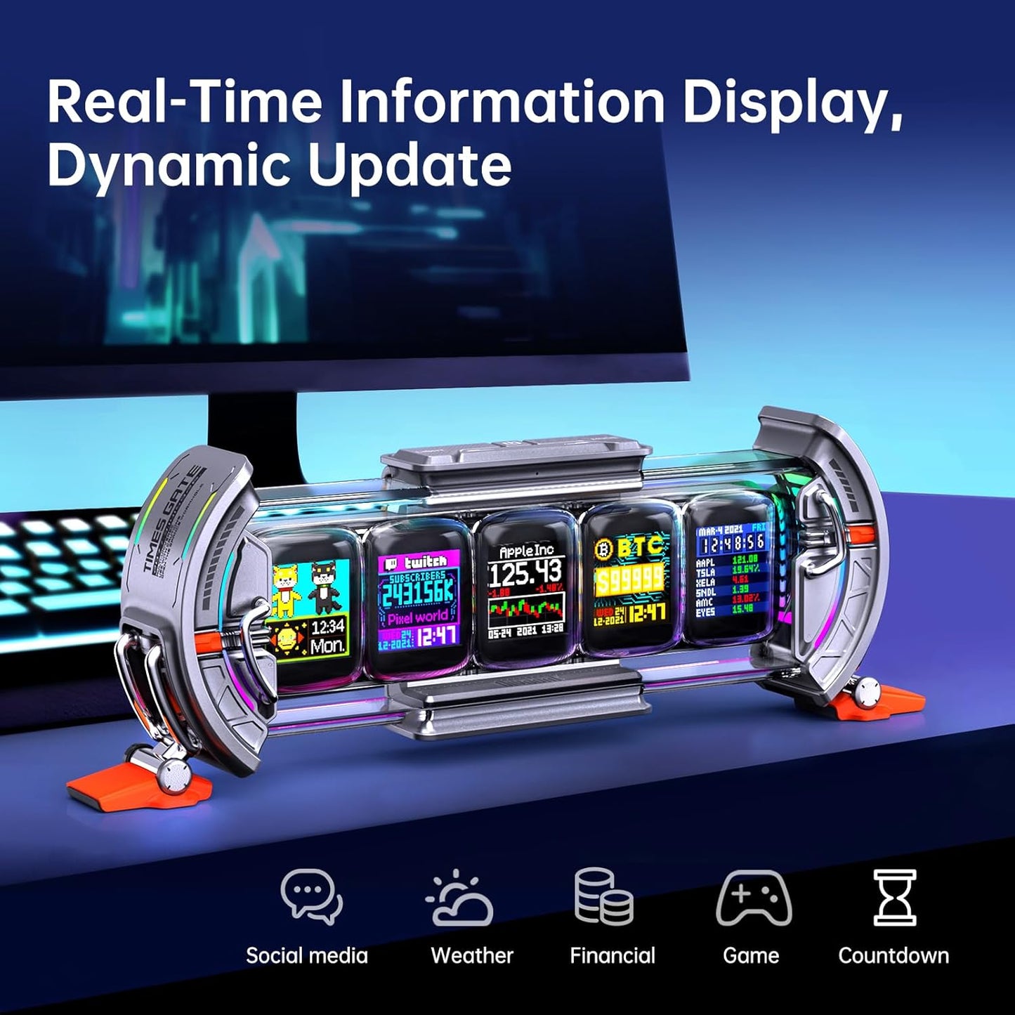 Times Gate - Cyberpunk Gaming Setup Digital Clock with Smart APP Control, Wifi Connect, RGB LED Display, Personalized Dashboard, Pixel Art for Gaming Room & Office Decor(Sliver)