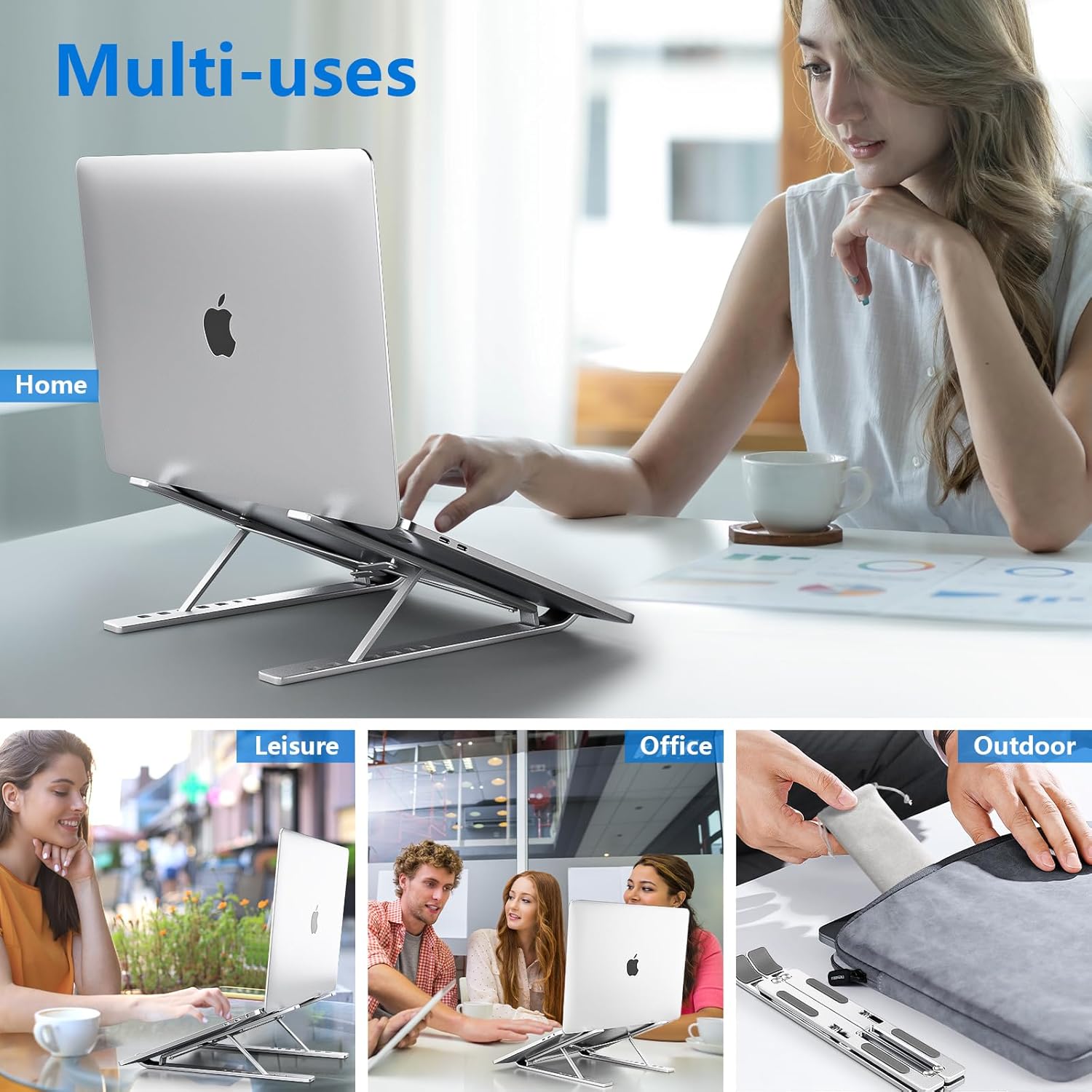 Laptop Stand for Desk, Aluminum Metal Macbook Stand，Computer Riser for Desk, Portable Foldable Adjustable Notebook Holder, Compatible with 10-15.6 Inch Laptops, Ipad, Silver.