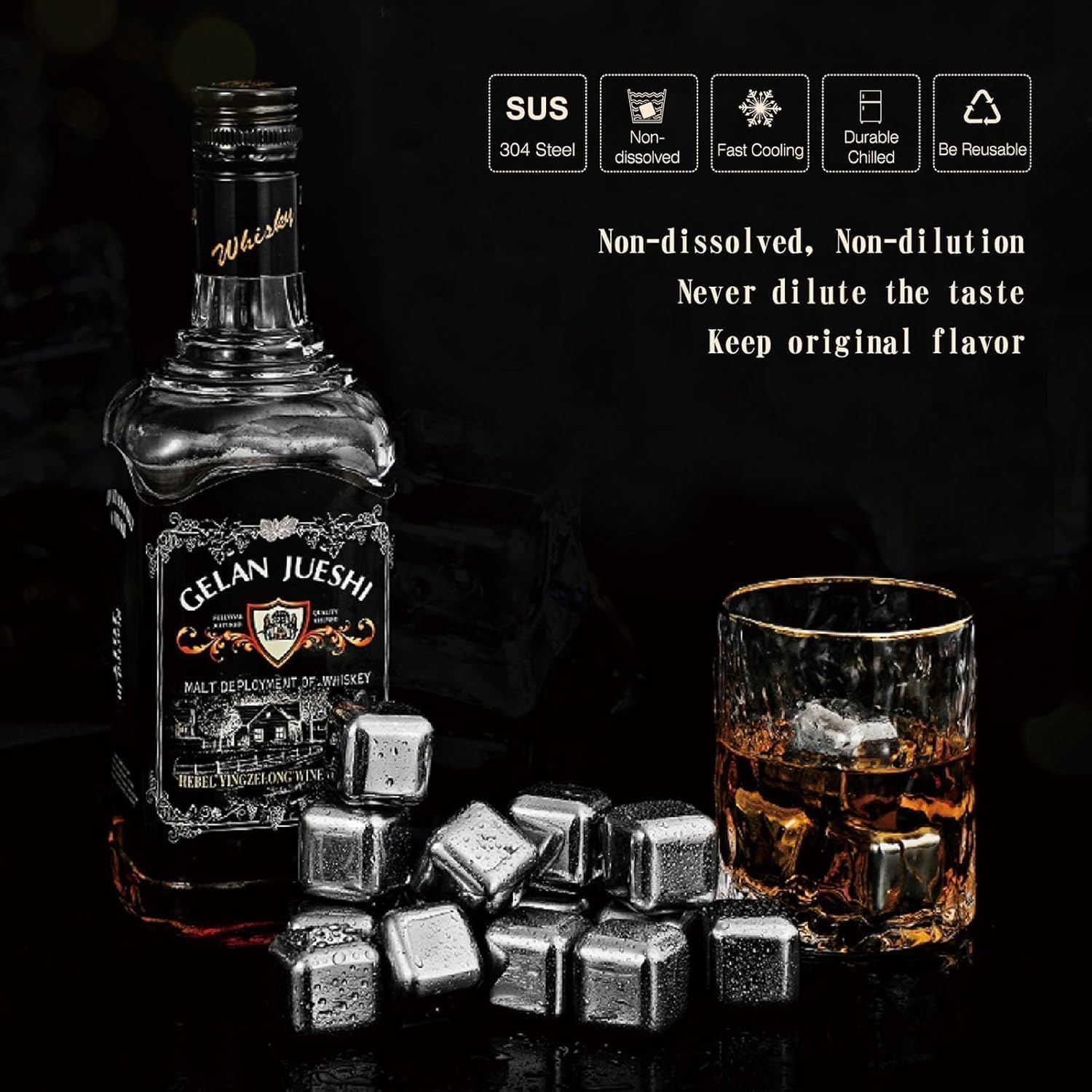 Reusable Stainless Steel Ice Cubes for Drinks Christmas Gifts - Metal Whiskey Stones, High Cooling Technology, for Whiskey, Vodka, Liqueurs, Wine, Beverage Juice or Soda, 8 Pack