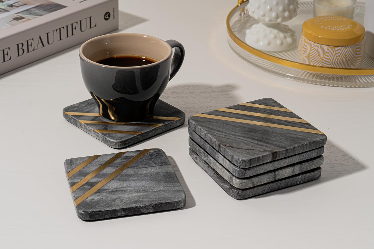 Modern Marble Coasters for Drinks – Real Gray Stone Set with Black & Gold Detail, Sophisticated Tabletop Decor (6-Piece Set)