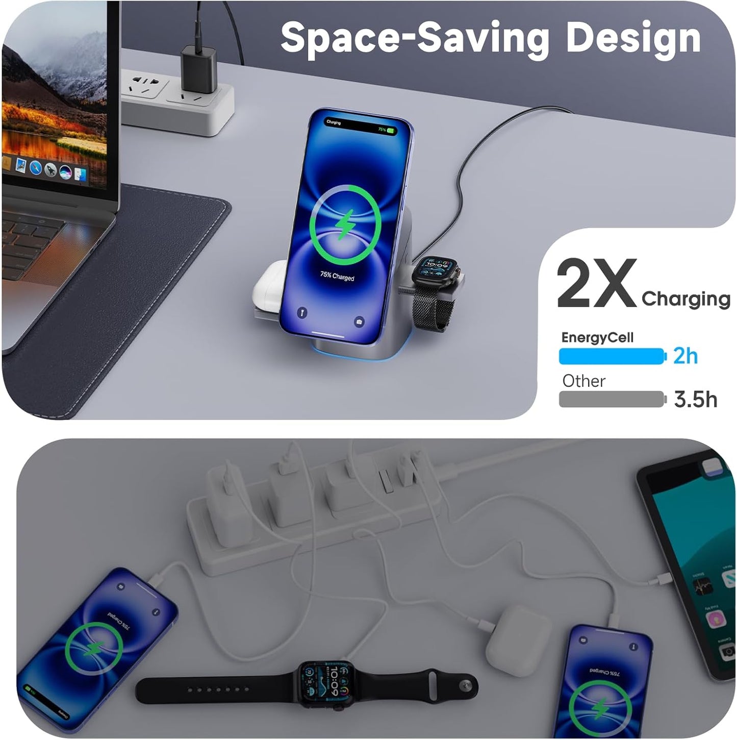 Rotating Wireless Charger, Qi2 Certified 2X Faster 15W for Iphone Charging Station 16/15/14/13/12, Apple Watch, Airpods, 3 in 1 Charging Station Apple Magnetic with Heat Dissipation, Grey