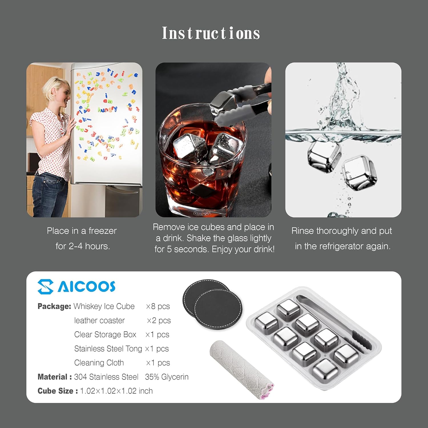Reusable Stainless Steel Ice Cubes for Drinks Christmas Gifts - Metal Whiskey Stones, High Cooling Technology, for Whiskey, Vodka, Liqueurs, Wine, Beverage Juice or Soda, 8 Pack