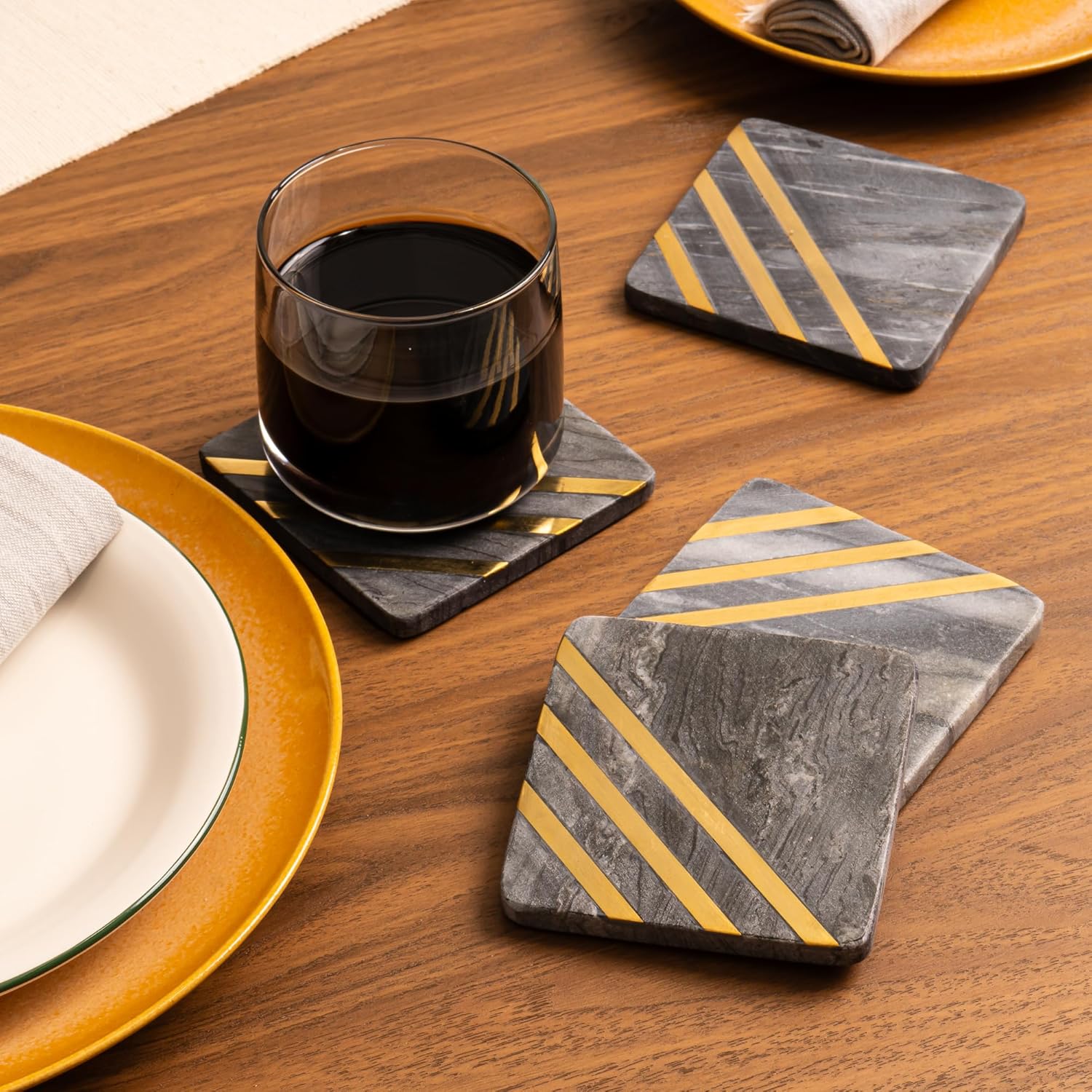 Modern Marble Coasters for Drinks – Real Gray Stone Set with Black & Gold Detail, Sophisticated Tabletop Decor (6-Piece Set)