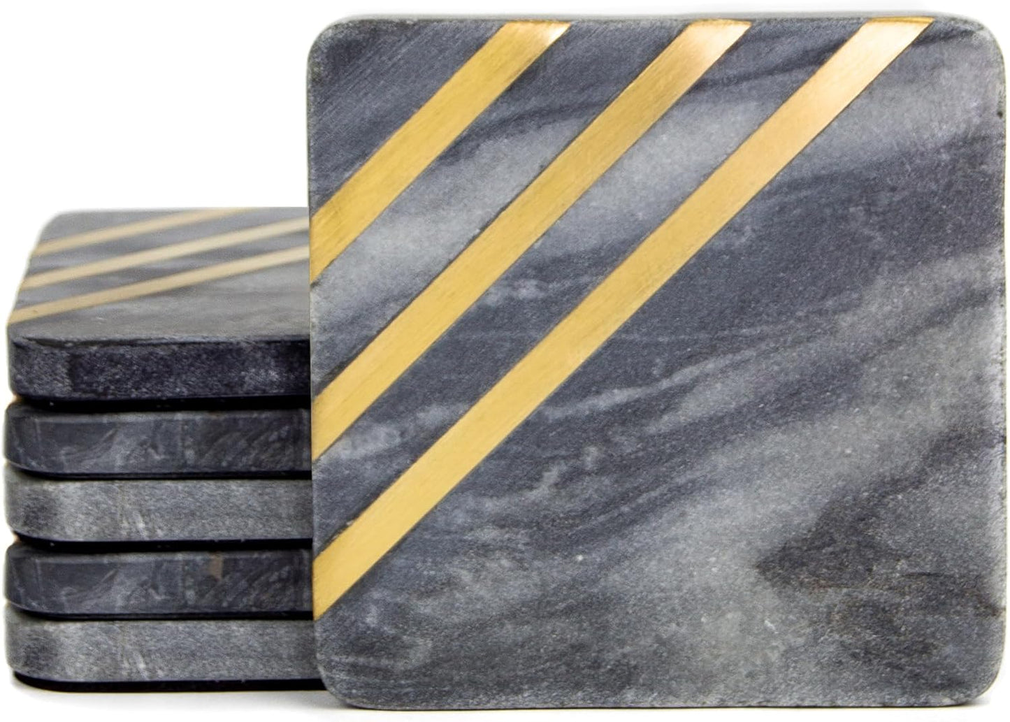 Modern Marble Coasters for Drinks – Real Gray Stone Set with Black & Gold Detail, Sophisticated Tabletop Decor (6-Piece Set)