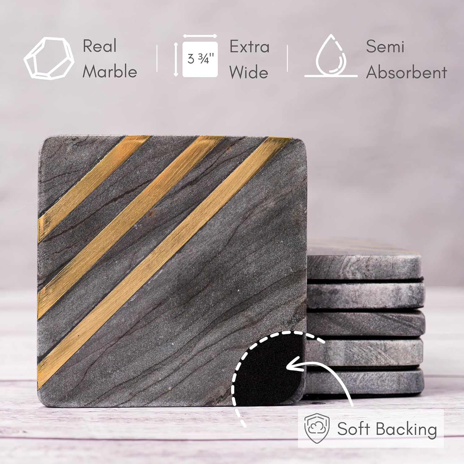 Modern Marble Coasters for Drinks – Real Gray Stone Set with Black & Gold Detail, Sophisticated Tabletop Decor (6-Piece Set)